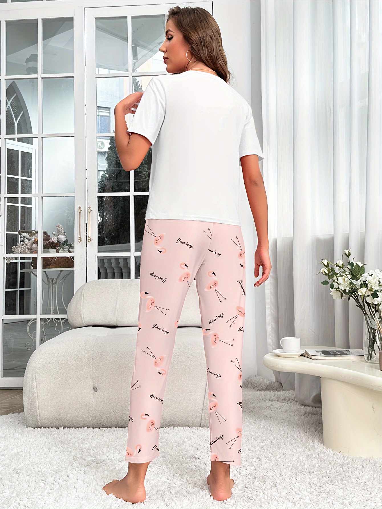 Flamingo Print Pajama Set Casual Short Sleeve Crew Neck Top Temu