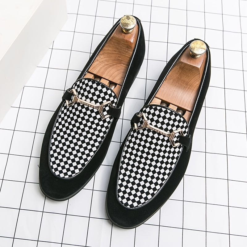 Men's Black And White Plaid Bit Loafer Shoes Casual Dress Shoes Temu