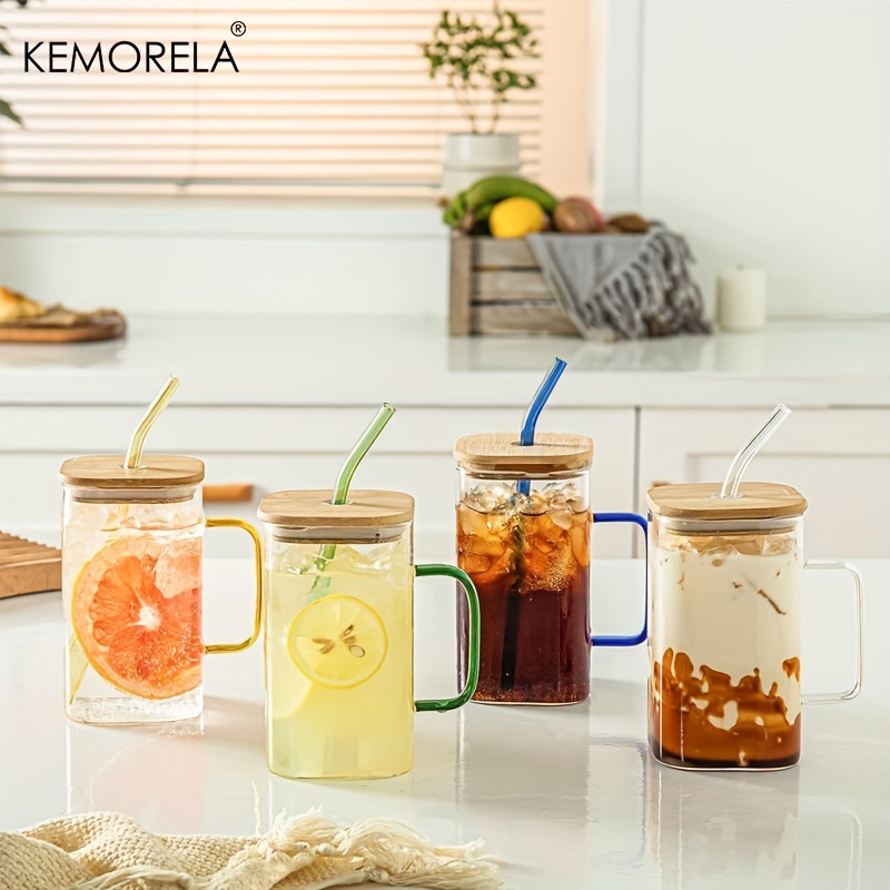 Drinking Glasses with Bamboo Lids and Glass Straw 4pcs Set - 2 Cleaning  Brushes