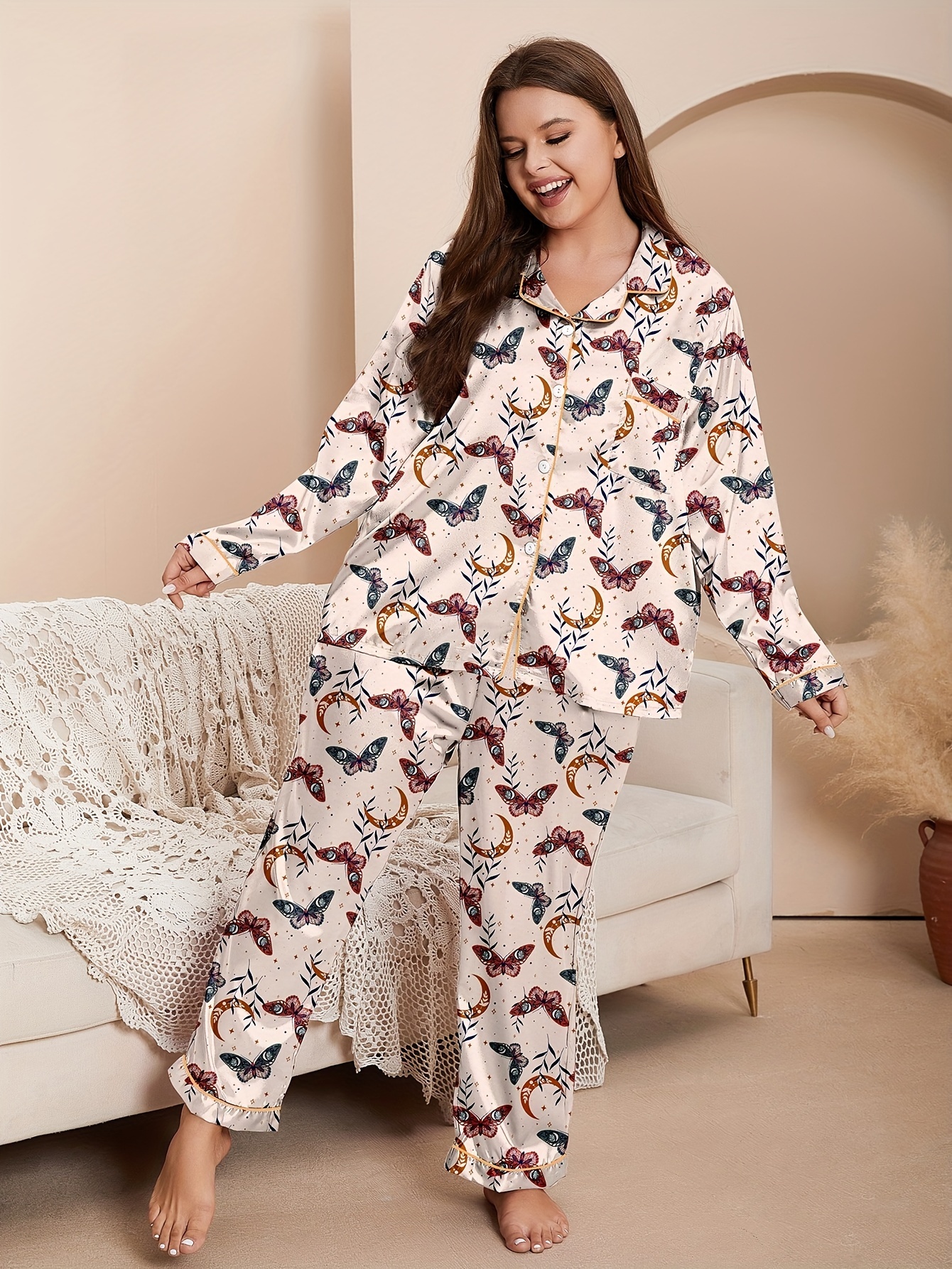 Plus Size Retro Pajamas Set Women's Plus Butterfly Moon - Temu Canada