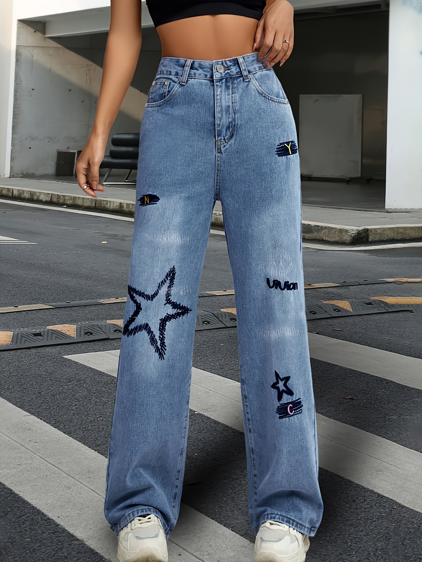 Multi pockets Street Straight Jeans Loose Fit Non stretch - Temu