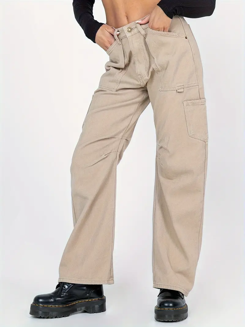 Solid Color Pocket Cargo Pants Casual Straight Leg Loose - Temu Canada