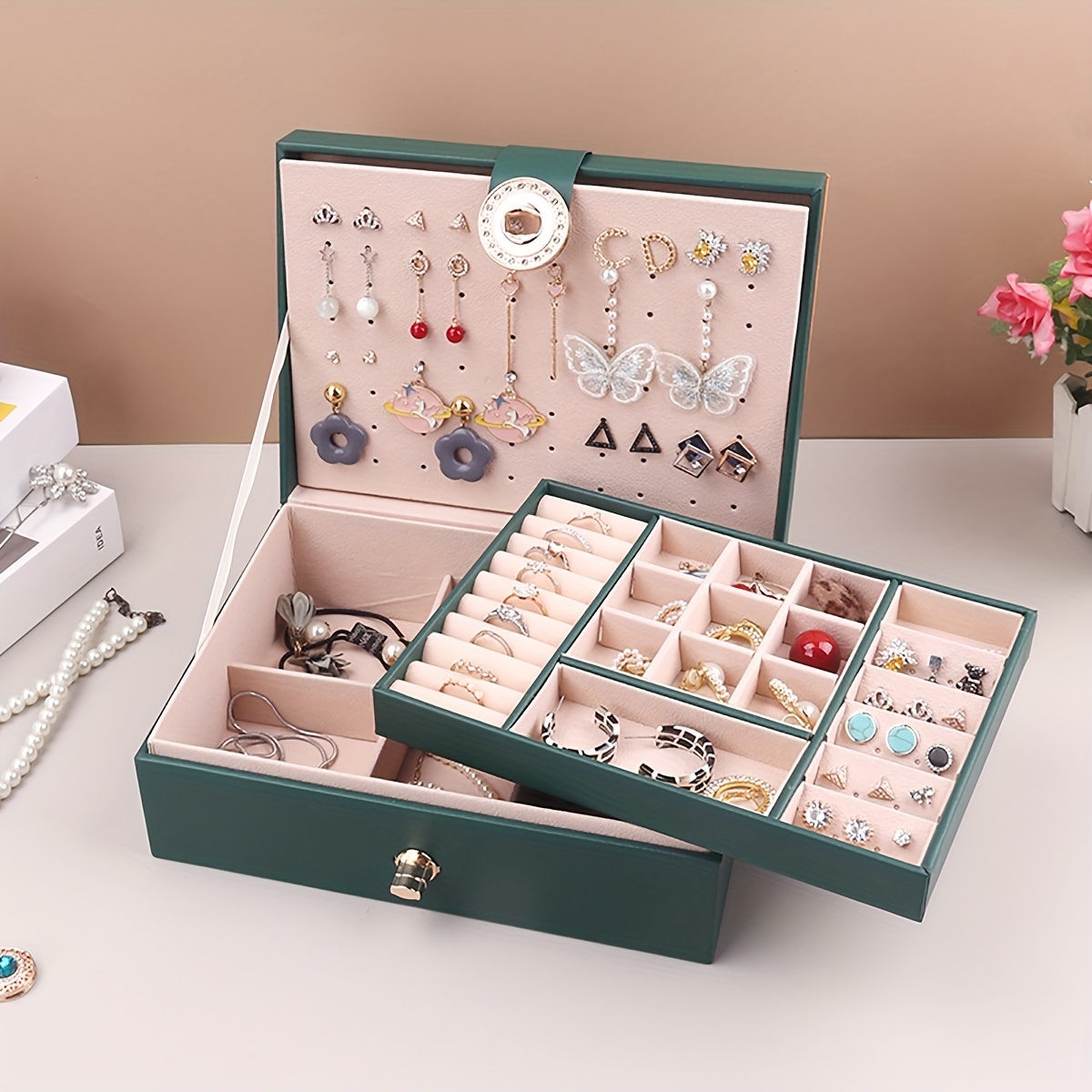 Pu Jewelry Box With Necklace Hook Earrings Ring Bracelet - Temu