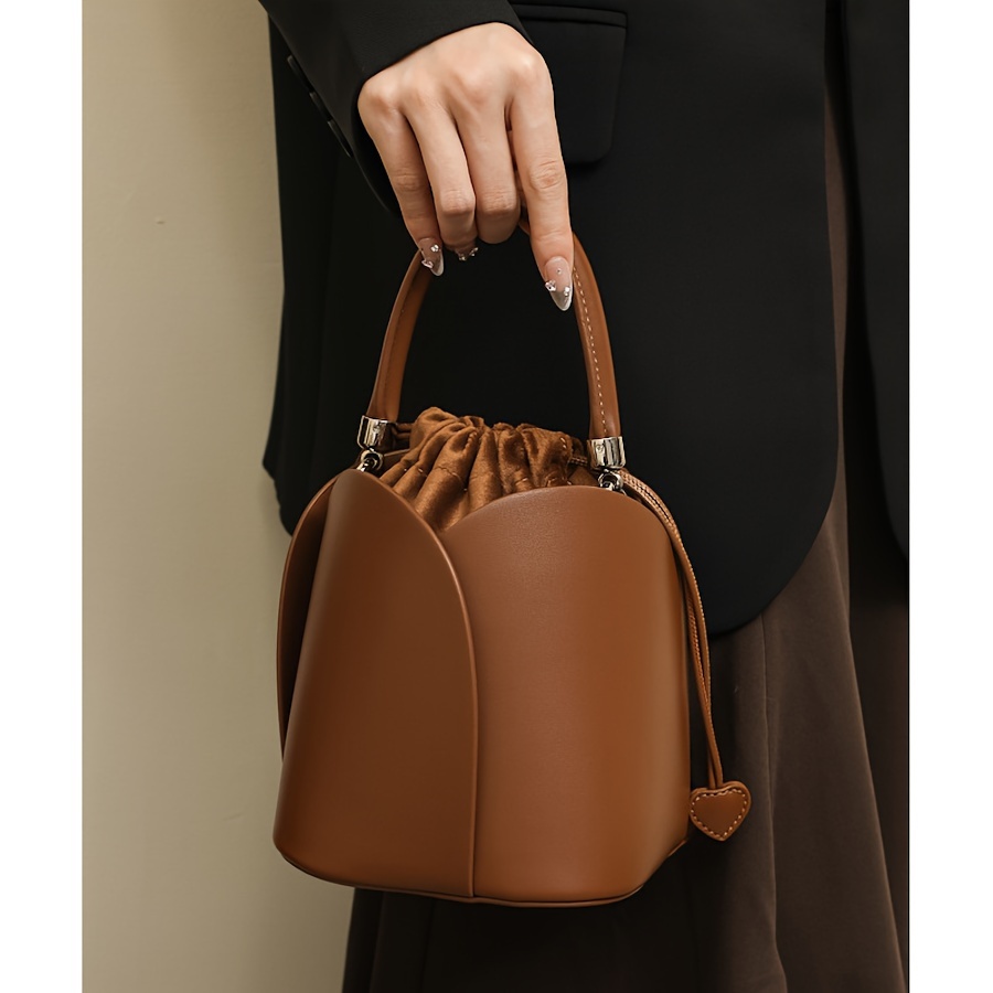 

Genuine Leather Bucket Bag, Trendy Drawstring Handbag, Women's Cylinder Petal Purse