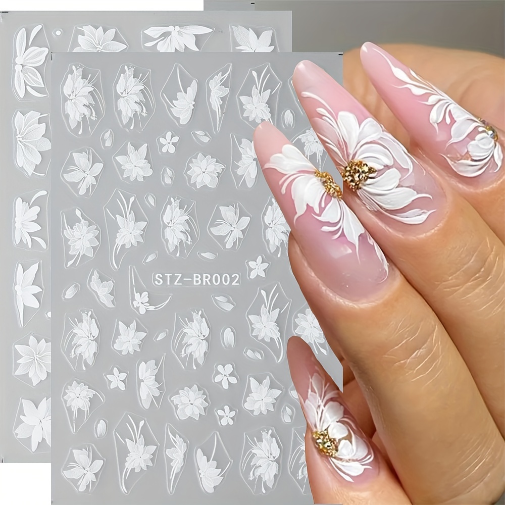 

4 Sheet White Flower Design Nail Art Stickers, Self Adhesive Nail Art Decals For Nail Art Decoration, Nail Art Supplies For Women And Girls