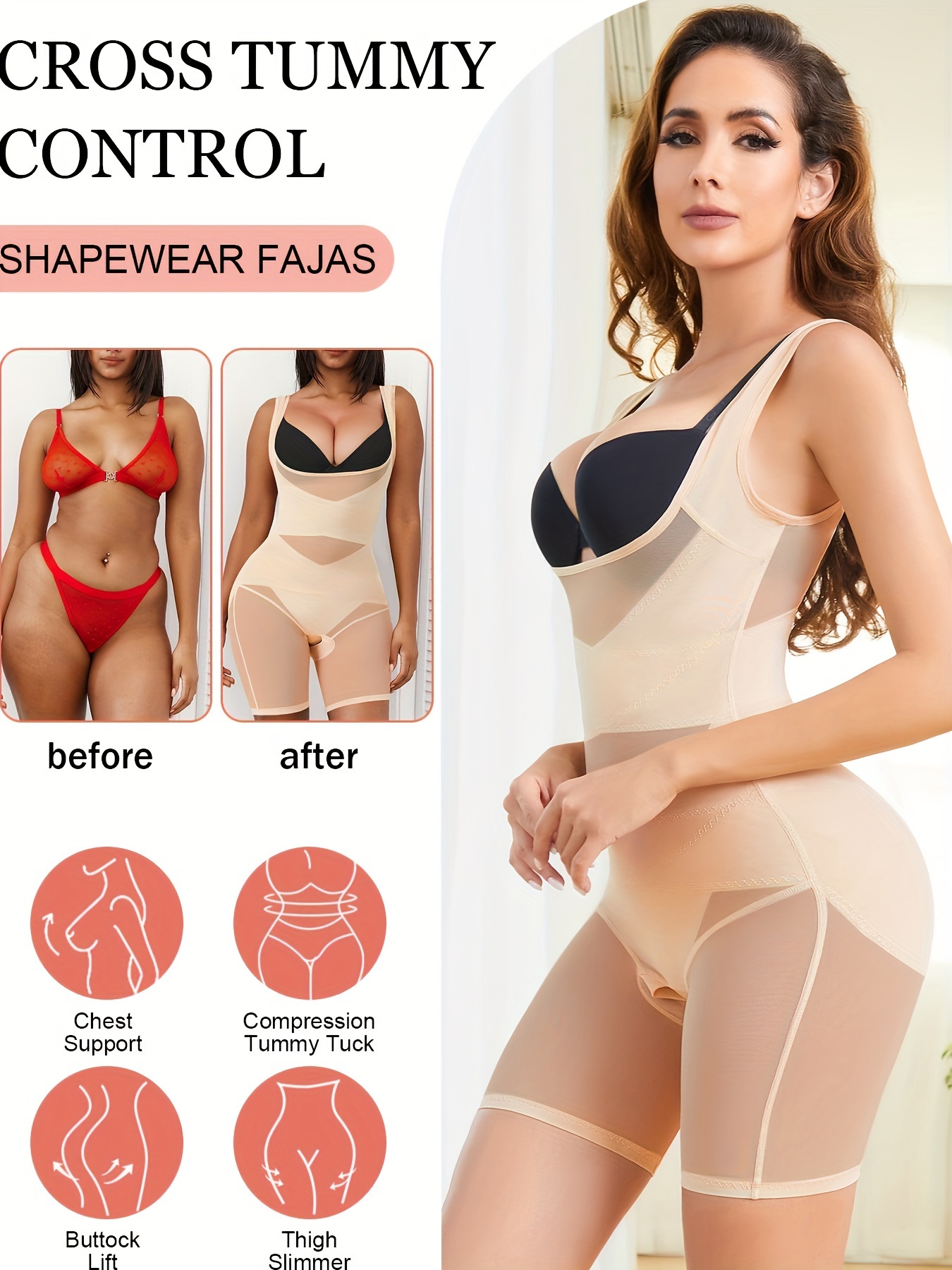 Beige Women's Shapewear Fajas High Compression Body Shaper For Women Tummy  Control Butt Lifter Bodysuit