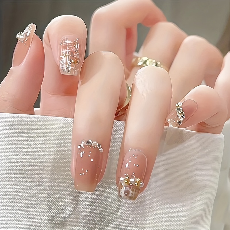 24pcs Long Pointed False Nails Decorated With Champagne, Sparkling Powder  And Red-Brown Rhinestones, Perfect For Festivals And Female Party Dressing