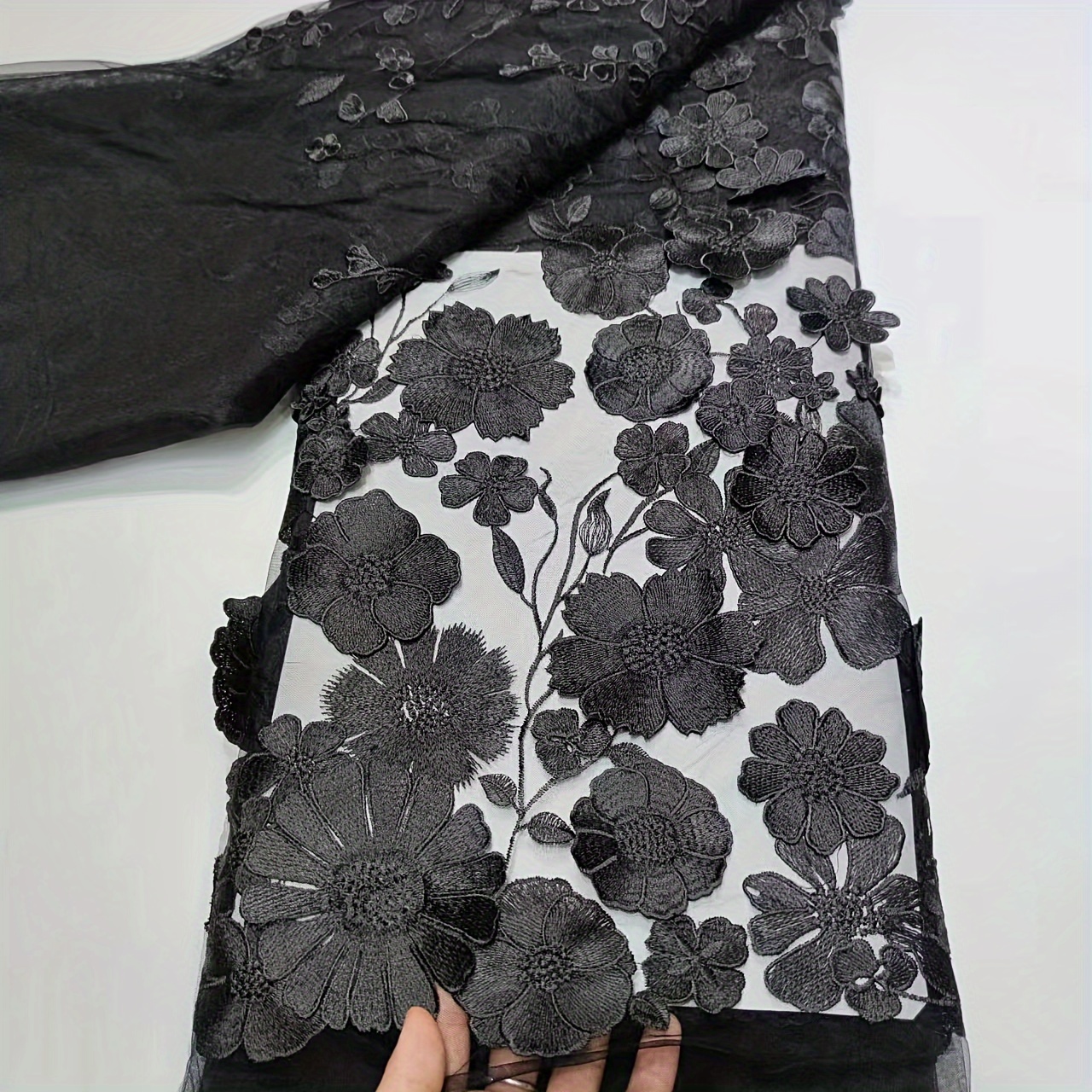 Black 3D Floral Embroidered Lace on a Black Netting - Lace - Other