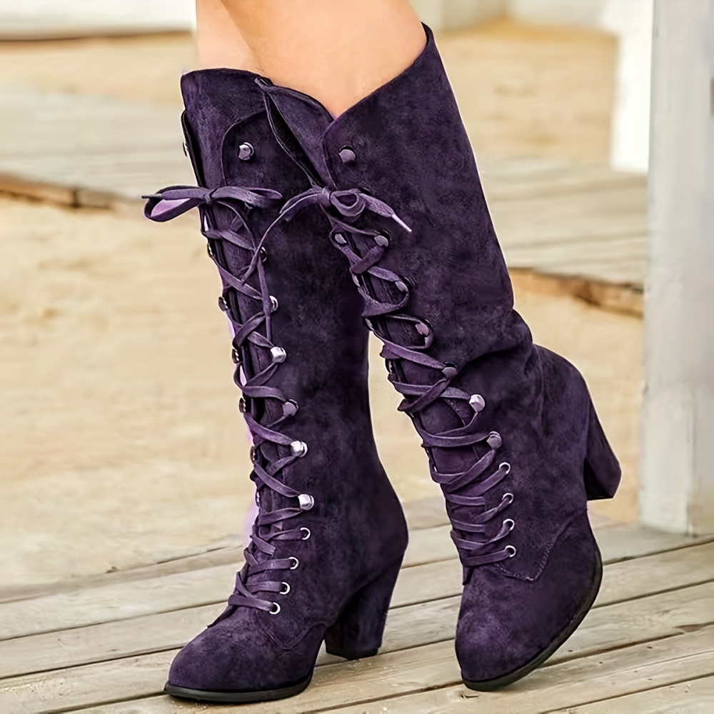 Women's Chunky Heeled Long Boots Retro Solid Color Lace Knee - Temu Canada