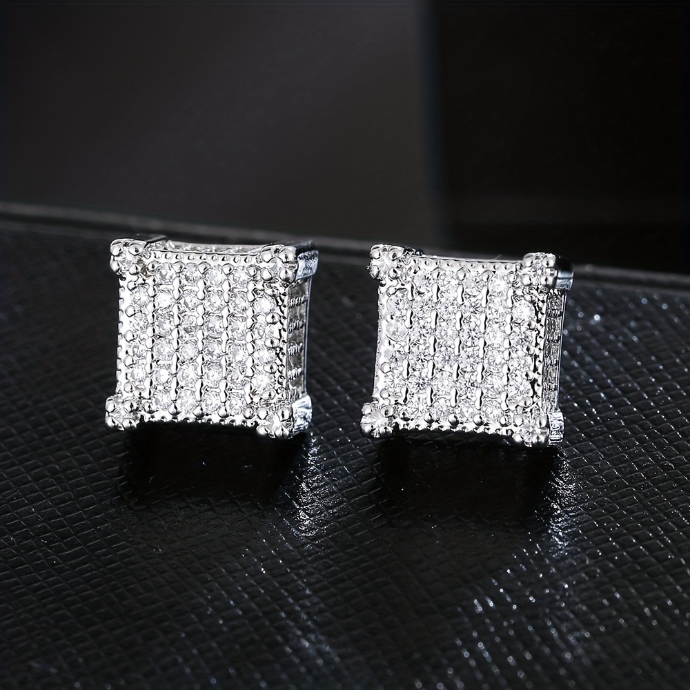 Square Cross Zircon Thread Stud Earrings for Men