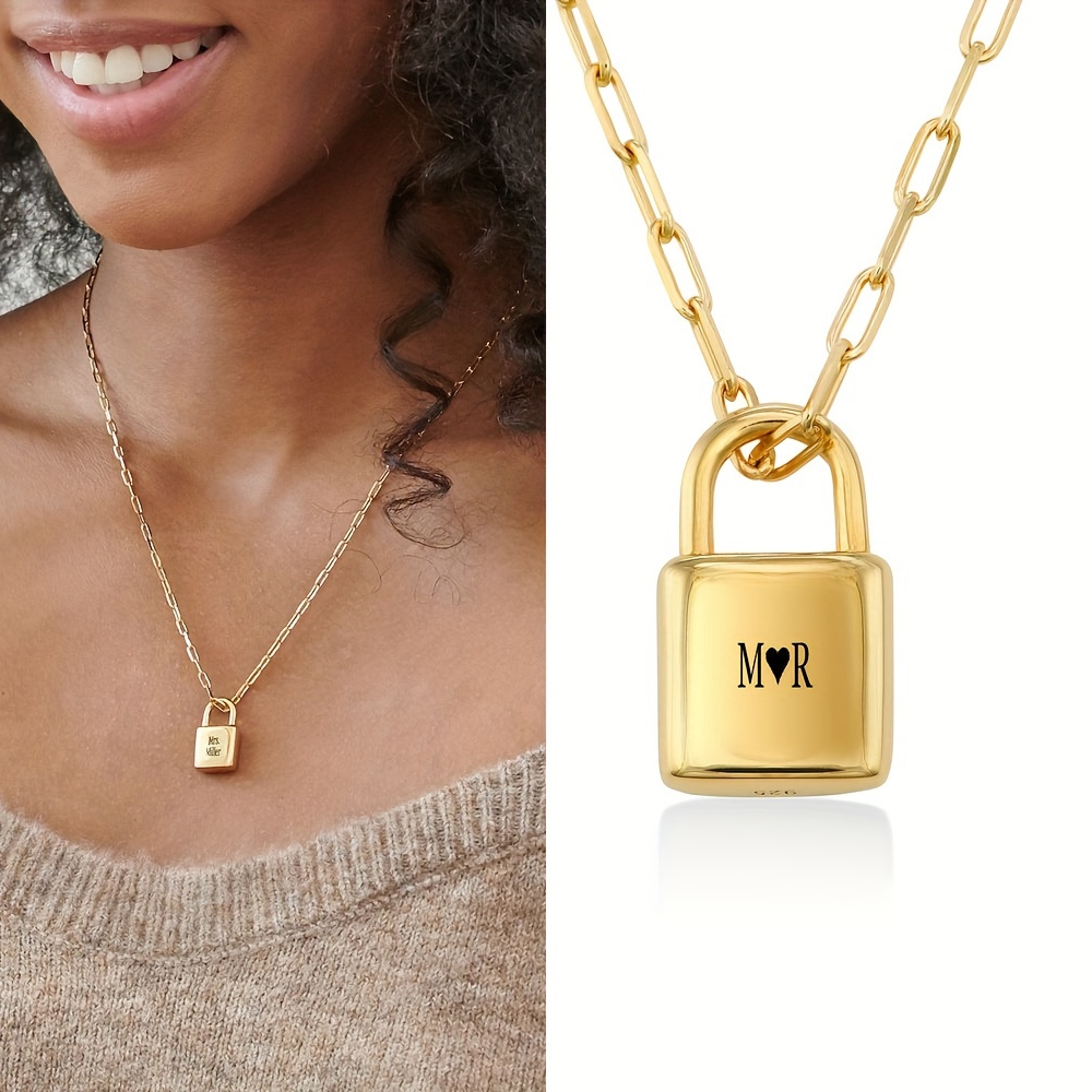 

Custom Engraved Stainless Steel Lock Necklace For Women - Personalized Pvd Plated Jewelry, Perfect Gift For Her