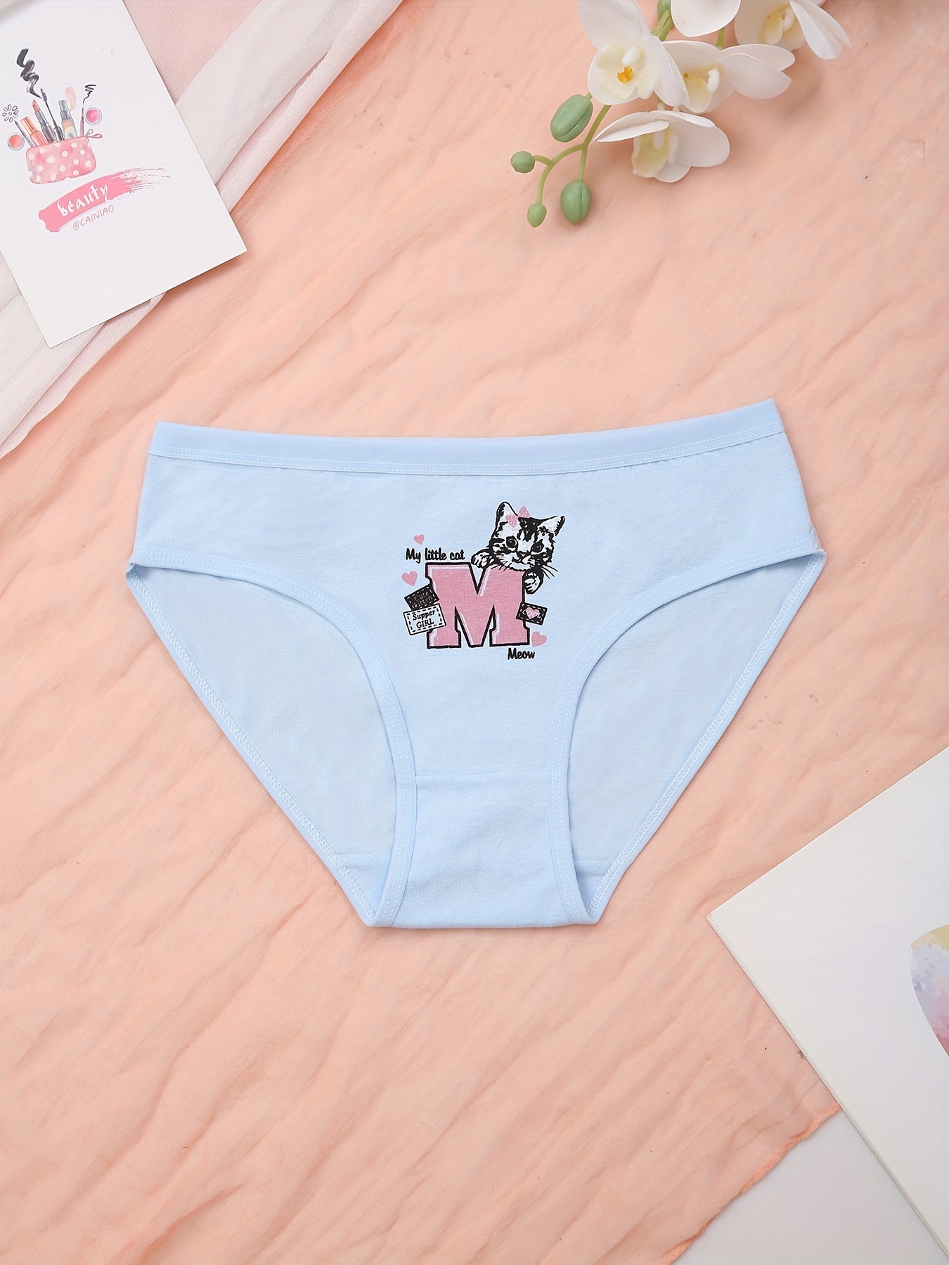 5pcs Cartoon Cat Print Briefs, Comfy & Cute Stretchy Intimates Panties,  Women's Lingerie & Underwear