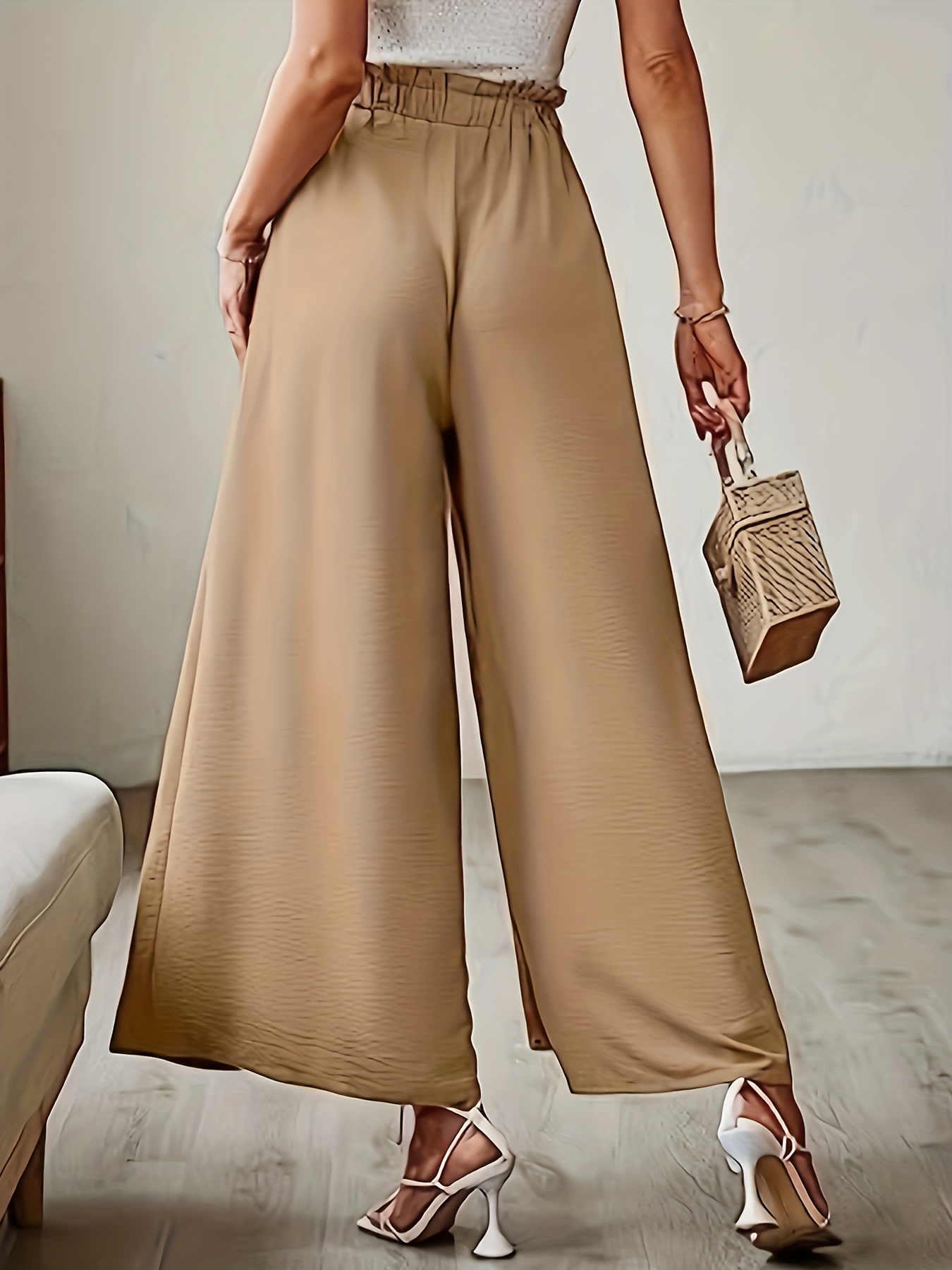 Paper Bag Waist Solid Pants Casual Long Length Pants Women's - Temu Canada