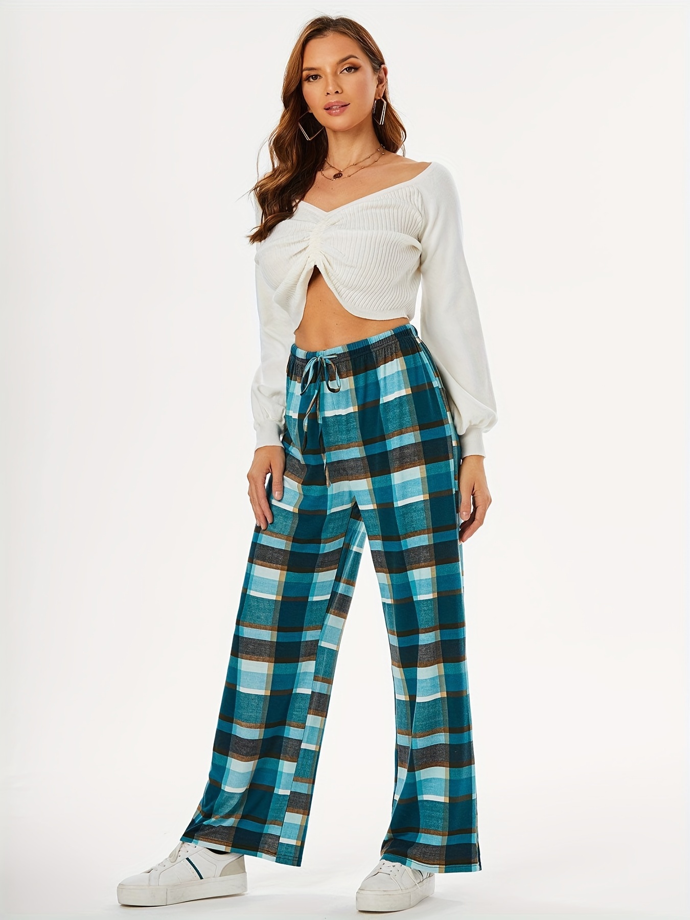 software Synslinie bånd Plus Size Casual Pants Womens Plus Plaid Print Straight Leg High Stretch  Loose Comfy Pants | Save Money On Temu | Temu