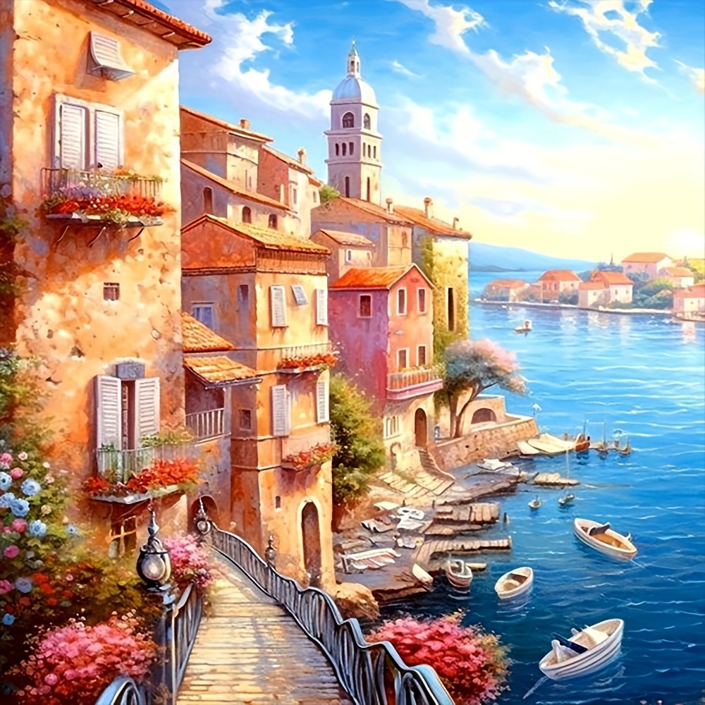 

1pc Large Size 40x40cm/15.7x15.7inch Without Frame Diy 5d Artificial Diamond Art Painting Seaside Town, Full Rhinestone Painting, Diamond Art Embroidery Kits, Handmade Home Room Office Wall Decor