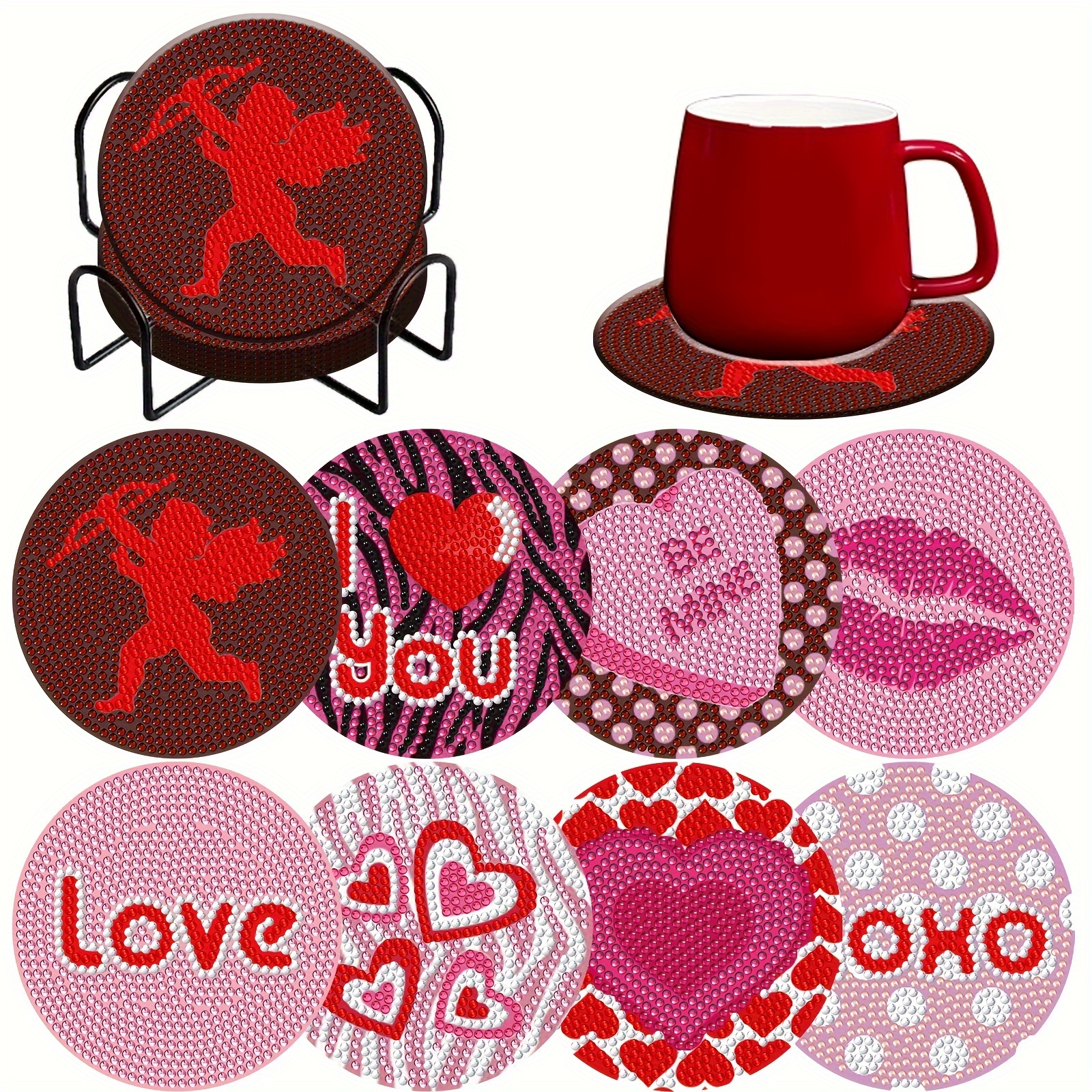 8pcs Valentine's Day Diamond Art Painting Coasters Kits With Holder DIY  Valentine's Day Diamond Art Coaster For Adults Diamond Painting Kits  Supplies