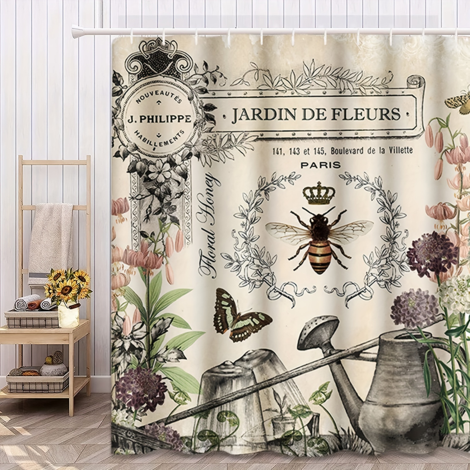Shower Curtain Modern French Bee Garden Vintage Queen Floral