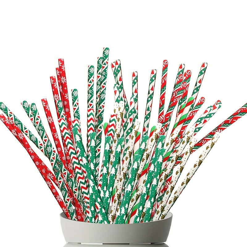 25pcs Christmas Paper Straws Snowflake Drinking Straw Christmas Decorations for Home Xmas Happy New Year Noel Party Supply, Red