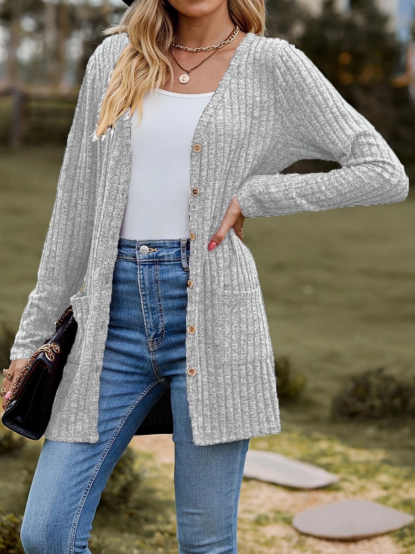 Solid Button Pocket Cardigan Casual Long Sleeve Sweater Temu