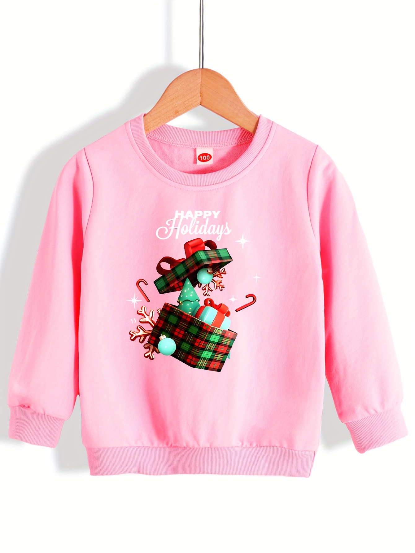 Girls Christmas Gift Box Print Round Neck Sweatshirt Tops, Kids