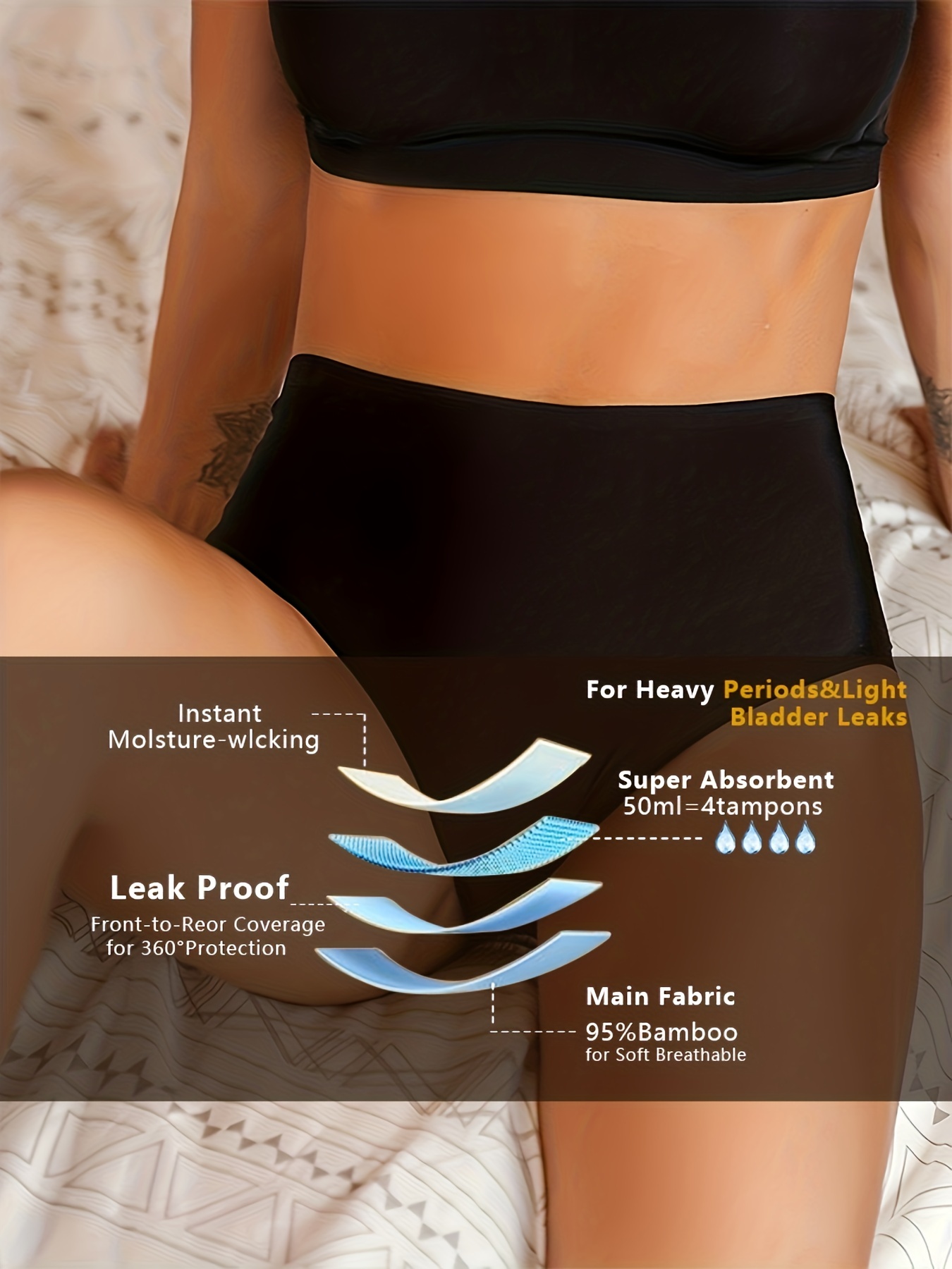 Bamboo women's underwear for urine leakage, menstruation or
