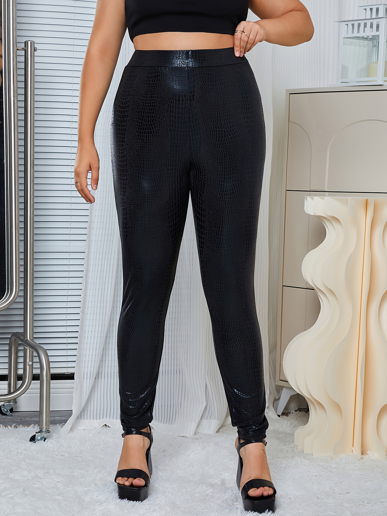 Women's Casual Leggings Plus Size Grid Print Elastic High - Temu