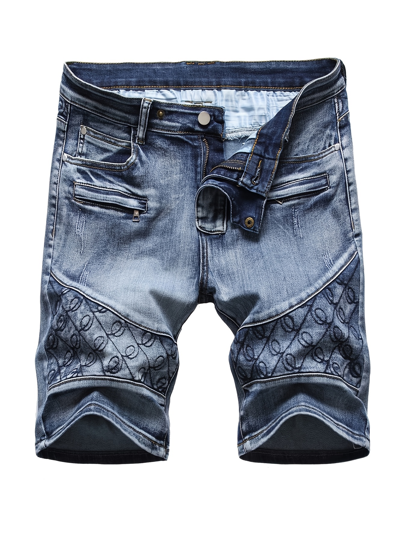 Men's Denim Embroidered Shorts Distressed Slim Fit Short - Temu Australia