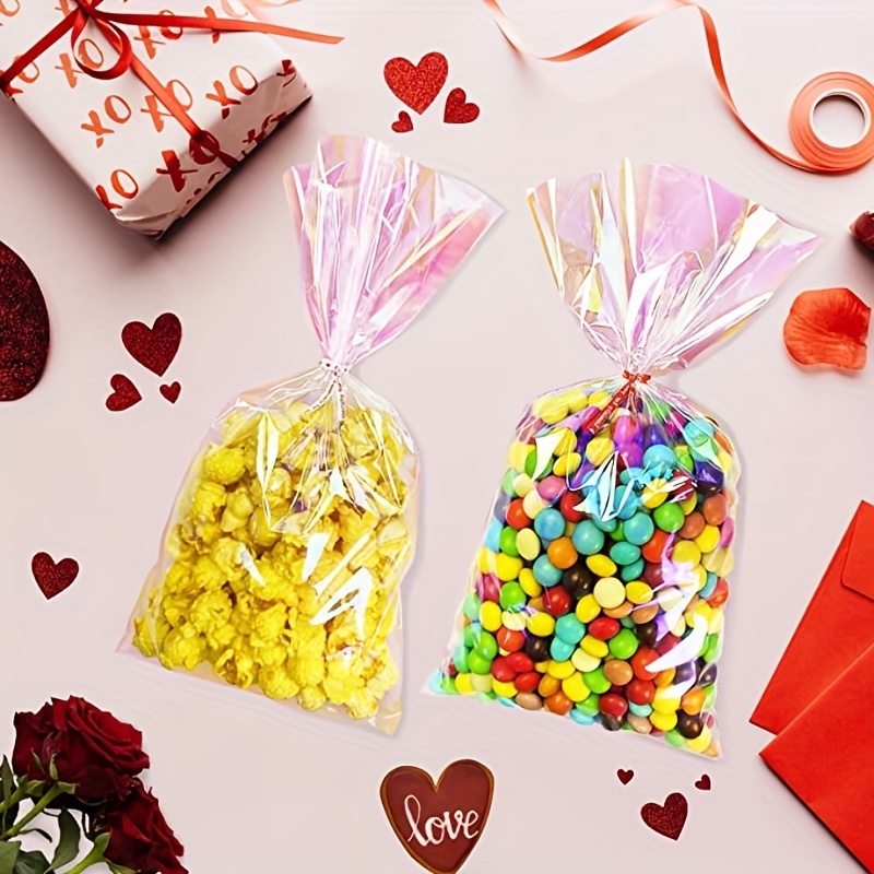 QTOP Cellophane Treat Bags,Iridescent Holographic Goodie Bags, Clear Cello  Bags with Twist Ties for Birthday Party Favors, Valentines, Easter