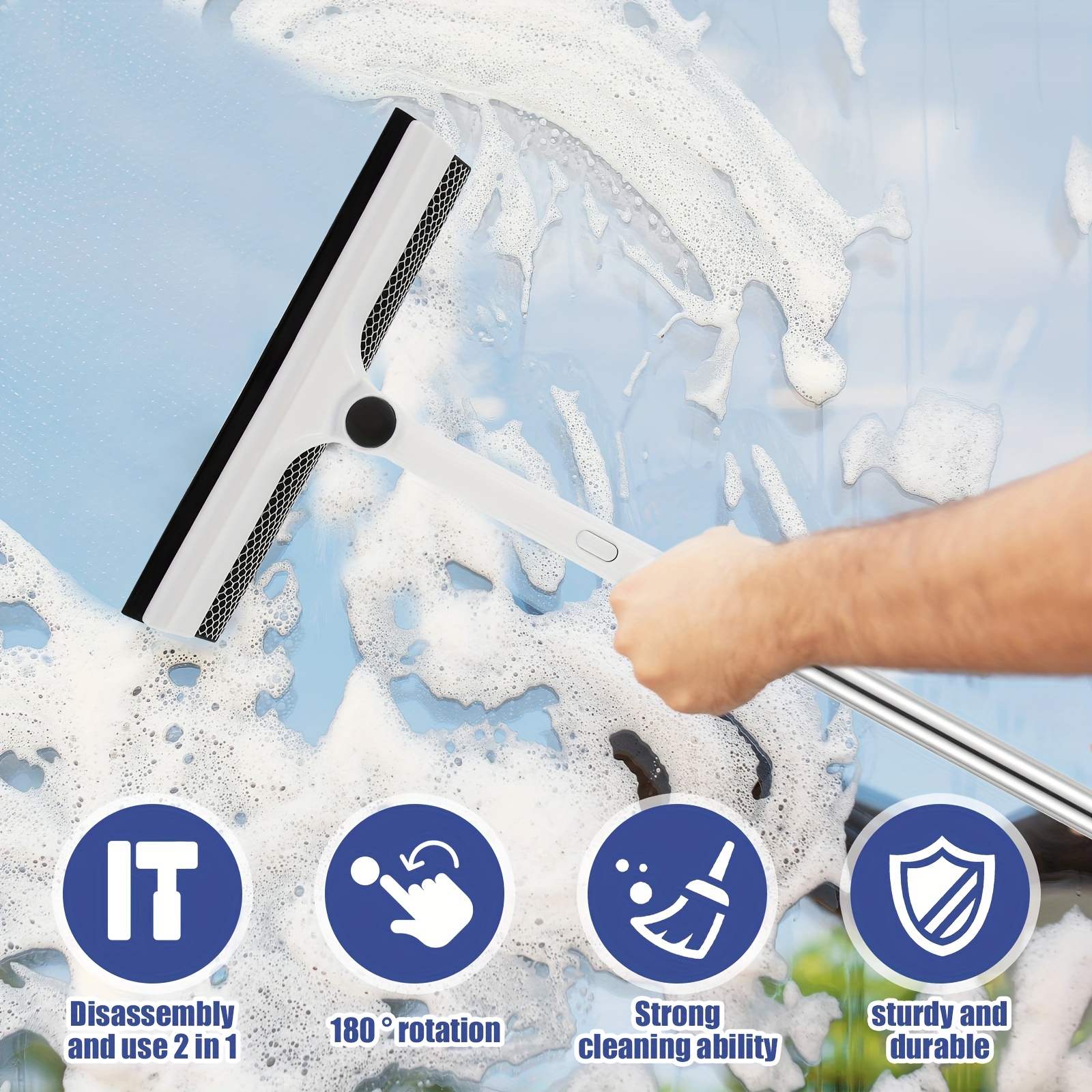 Shower Squeegee Cleaning Tool with 2 in 1 Rubber & Sponge Head