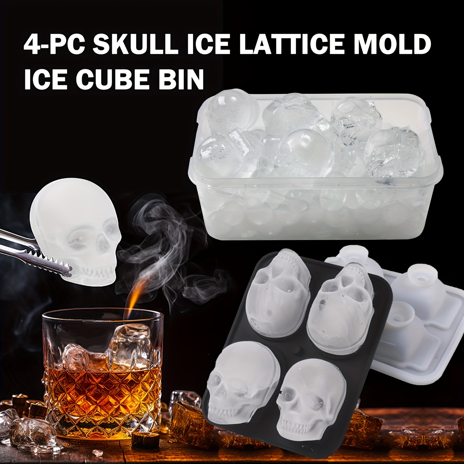 Ice Cube Mold With Ice Storage Box And Tong, Silicone Skull Ice Cube Tray,  Chocolate Mold, Halloween Mold For Pudding,jelly,candy, Whiskey Ice Cube  Tray, Ice Trays For Freezer Cocktail Whiskey, Kitchen Accessaries