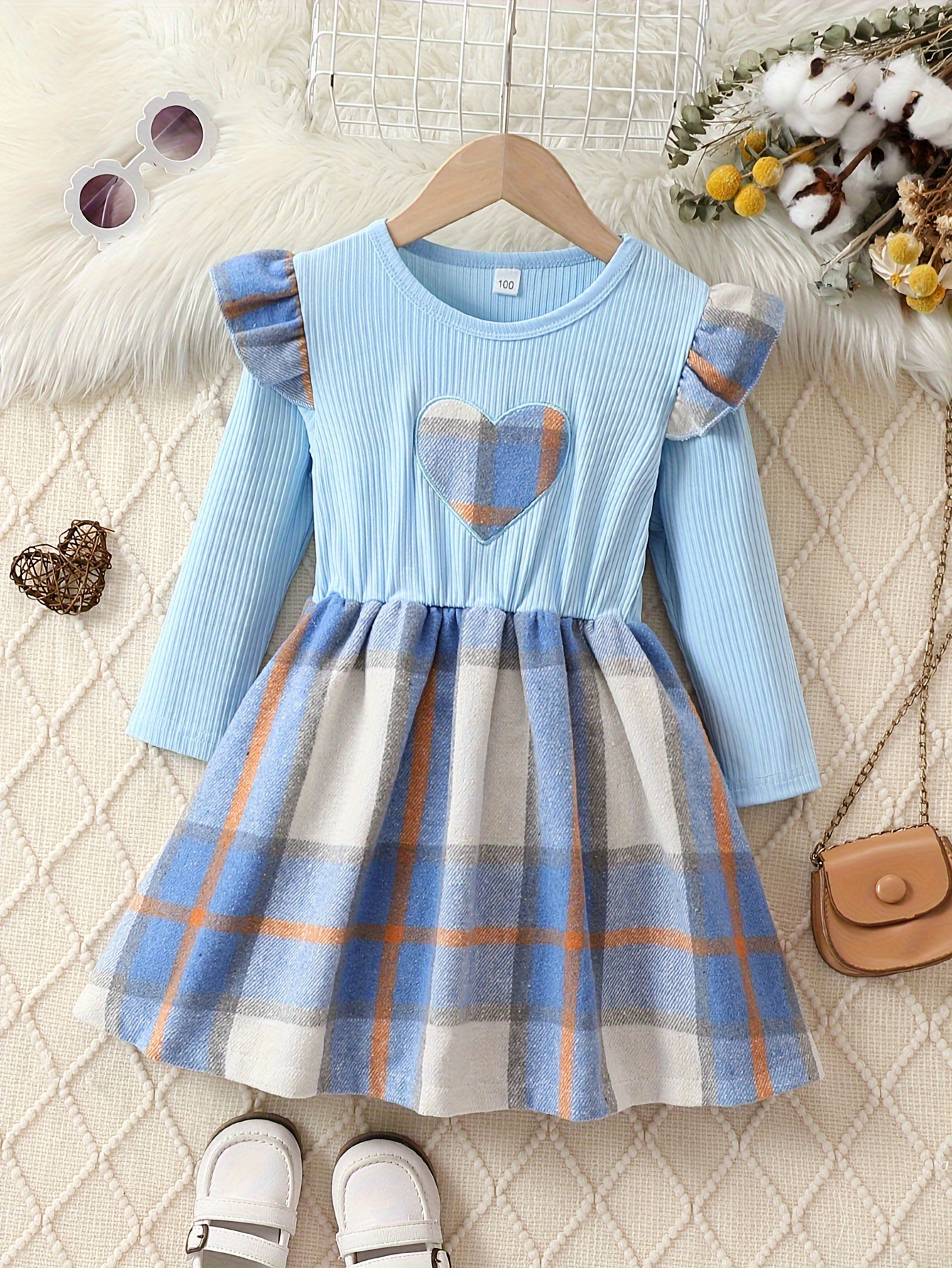 girls plaid heart embroidered long sleeve dress for spring and autumn light blue 0