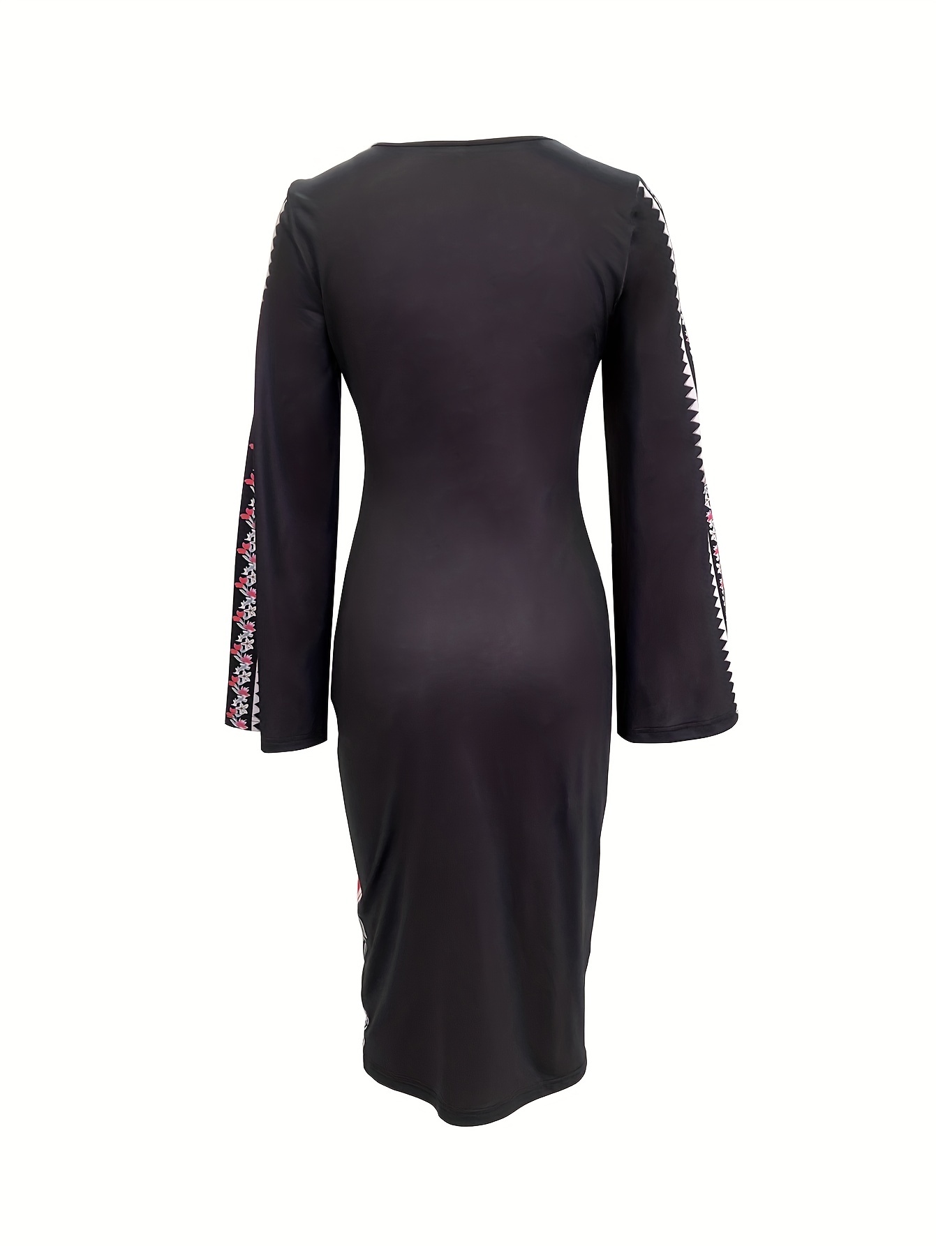 Elegant Split Sleeve Slit Dress, Long Sleeve Crew Neck Fashion Floral Print  Fitted Dresses, Women's Clothing