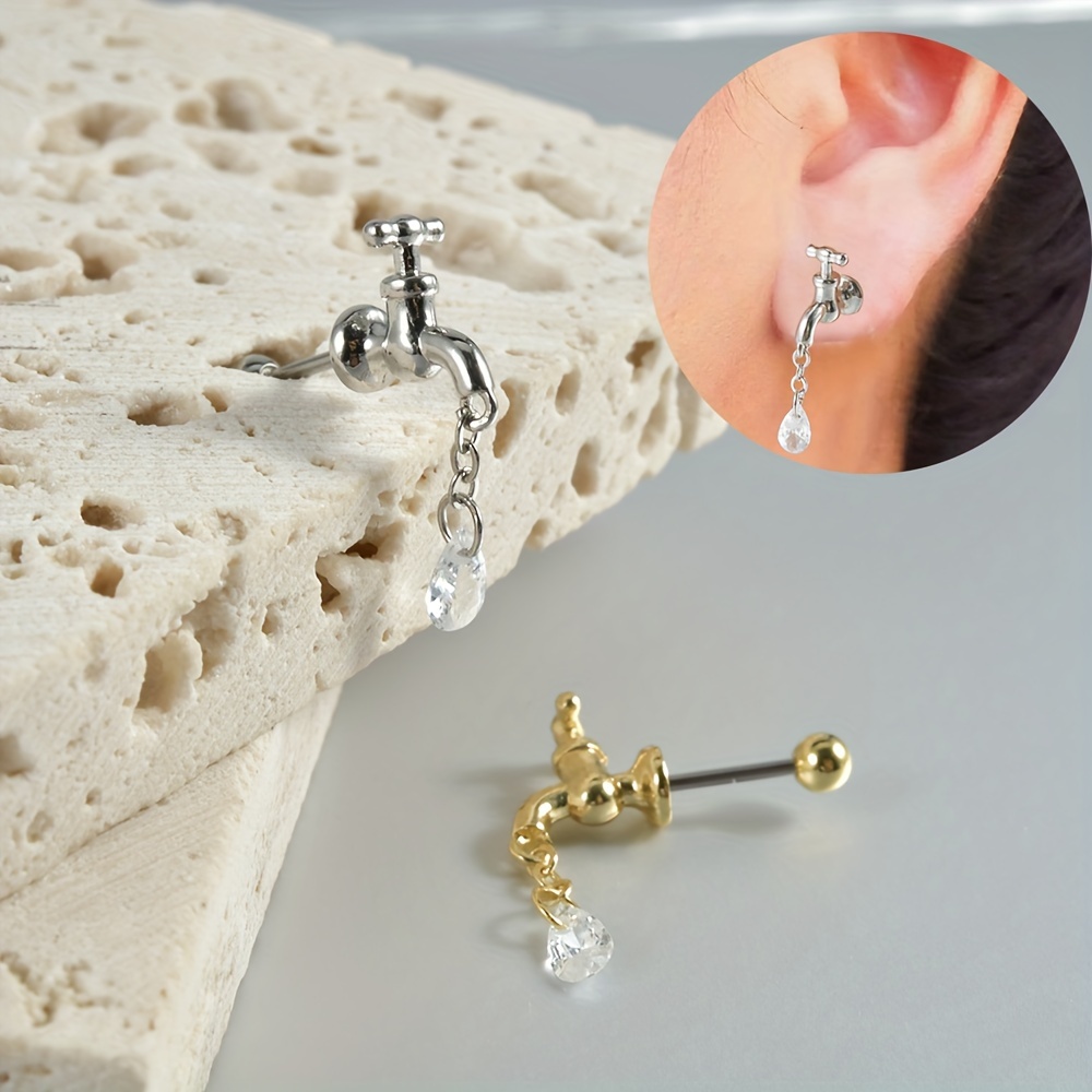 

1pc Stainless Steel Faucet Stud Earrings Water Drop Zircon Pendant Ear Stud Cartilage Piercing Helix Daith Tragus Earrings For Women
