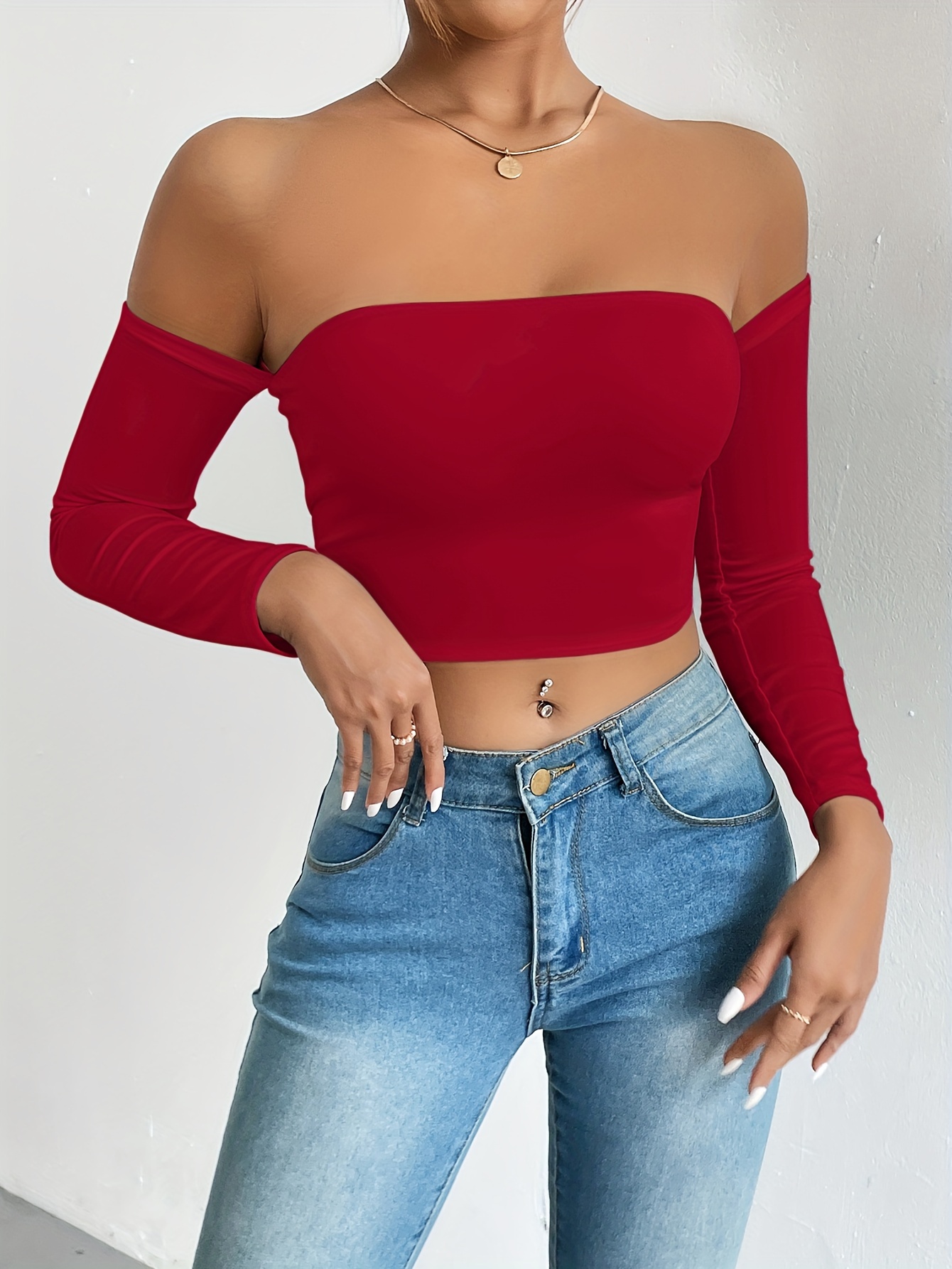 Applique shoulder Crop Top Long Sleeve Slim Top Spring - Temu