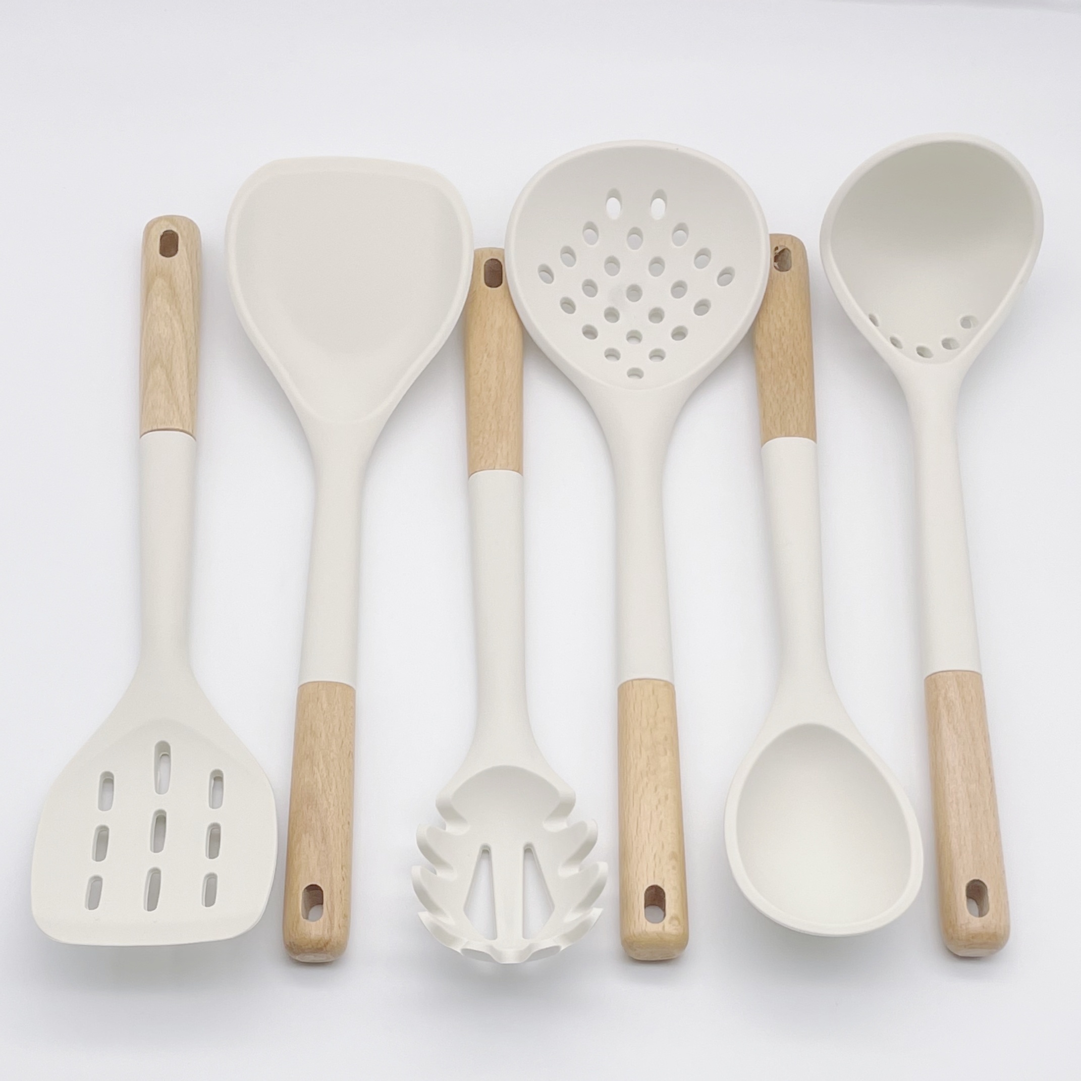New Milk White Wood Handle Silicone Kitchenware Set of 10 Pieces
