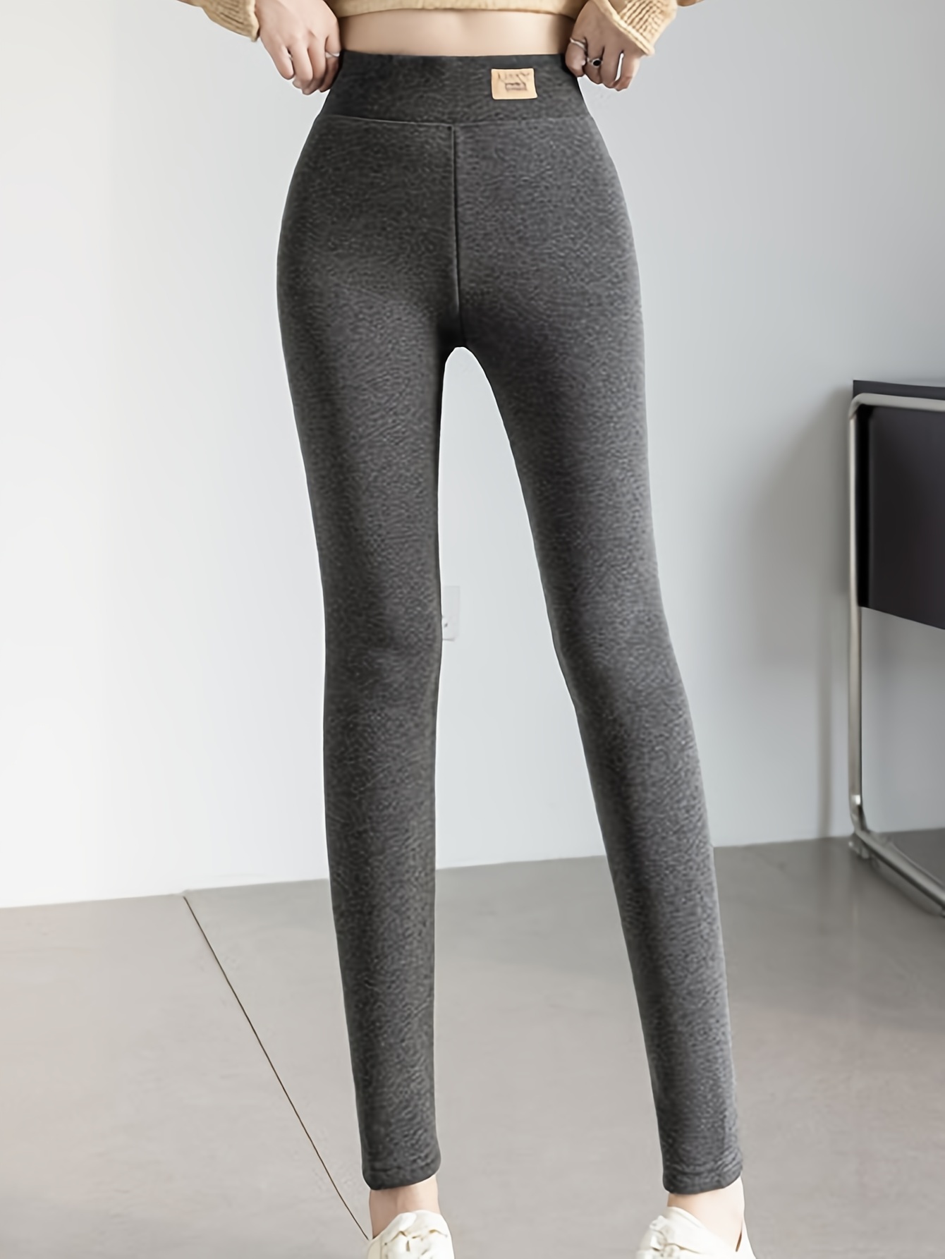 Solid Fleece Skinny Leggings Casual High Waist Thermal - Temu