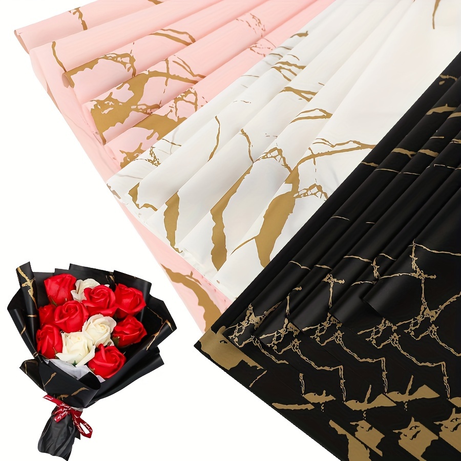TEMU Of Marble Waterproof Flower Wrapping Paper Containing 3 Colors, 10 Sheets Each Of Black And White Powder