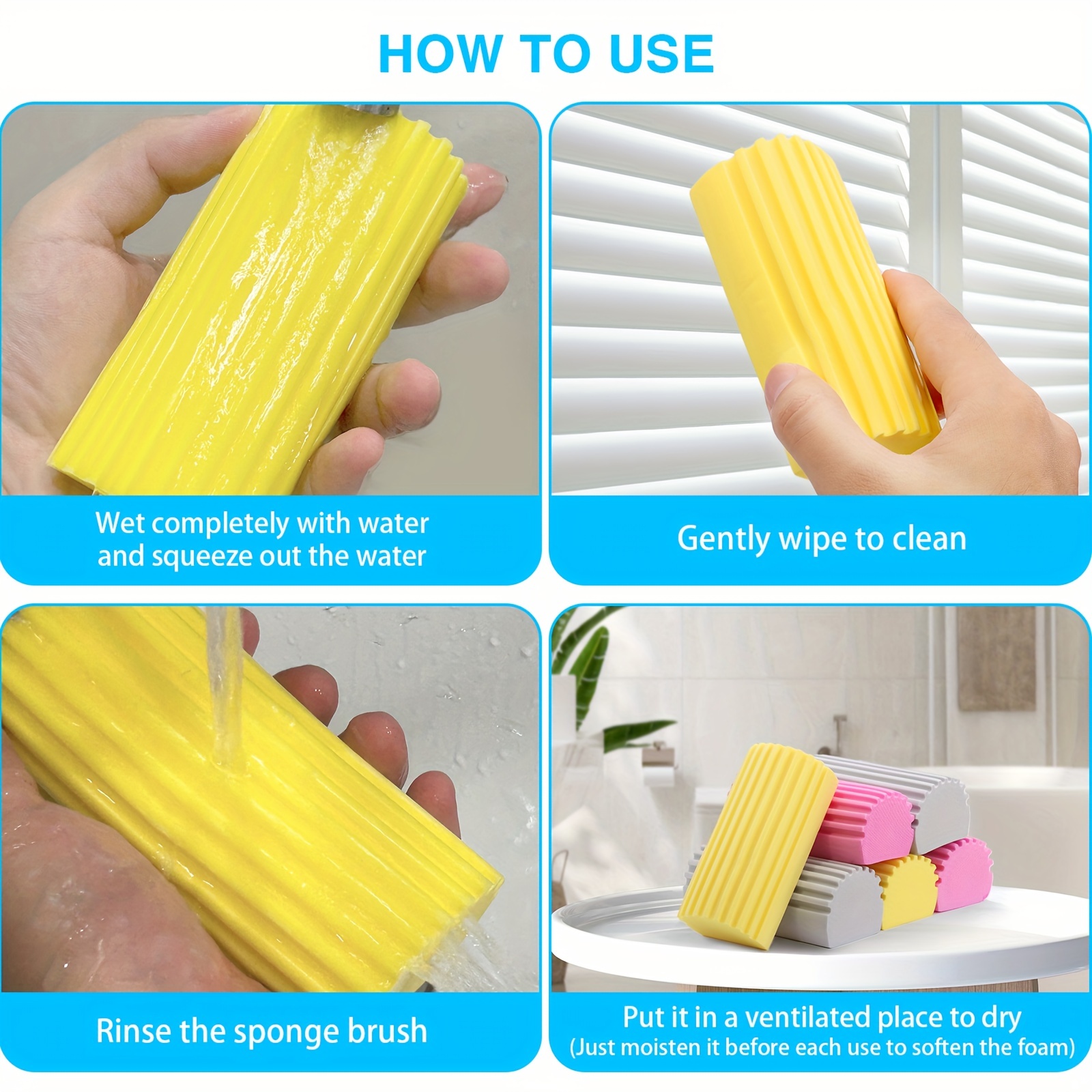 6-Pack Damp Clean Duster Sponge, Reusable Damp Duster Sponge for Cleaning Dishes, Blinds, Glass, Baseboards, Vents, Window Track Grooves & Faucets