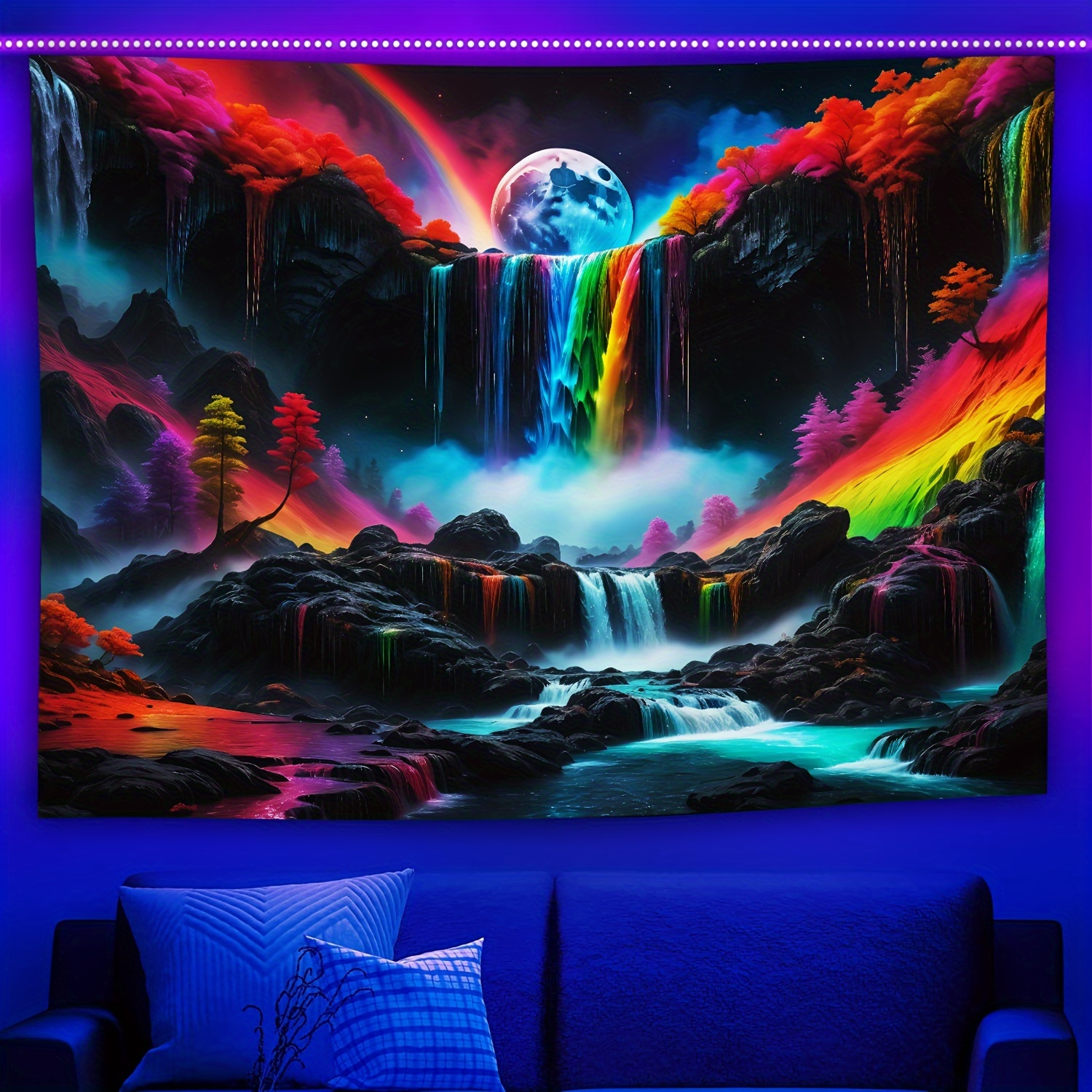 Blacklight Mountain Waterfall Rainbow Tapestry Backgdrop - Temu