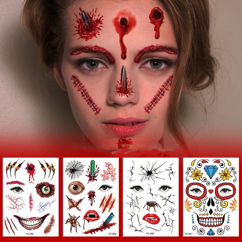 Makeup Funny Masquerade Tattoo Stickers Zombies Face Skull And Scar Pattern  Temporary Tattoos Waterproof Tattoo Stickers Day Of Death Halloween Parties  Festivals Tattoos | High-quality & Affordable | Temu