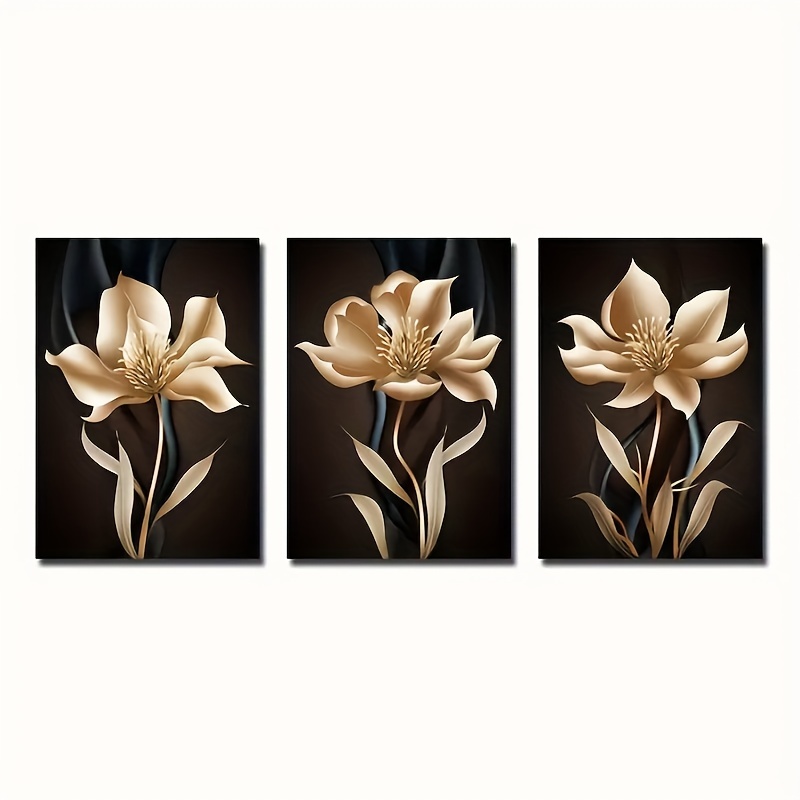 Image of 2d Flat, 3pcs Of Modern Abstract Black And Golden Floral Wall Art Canvas Paintings For Living Room Decoration, 2d Flat Frameless, 2d Flat