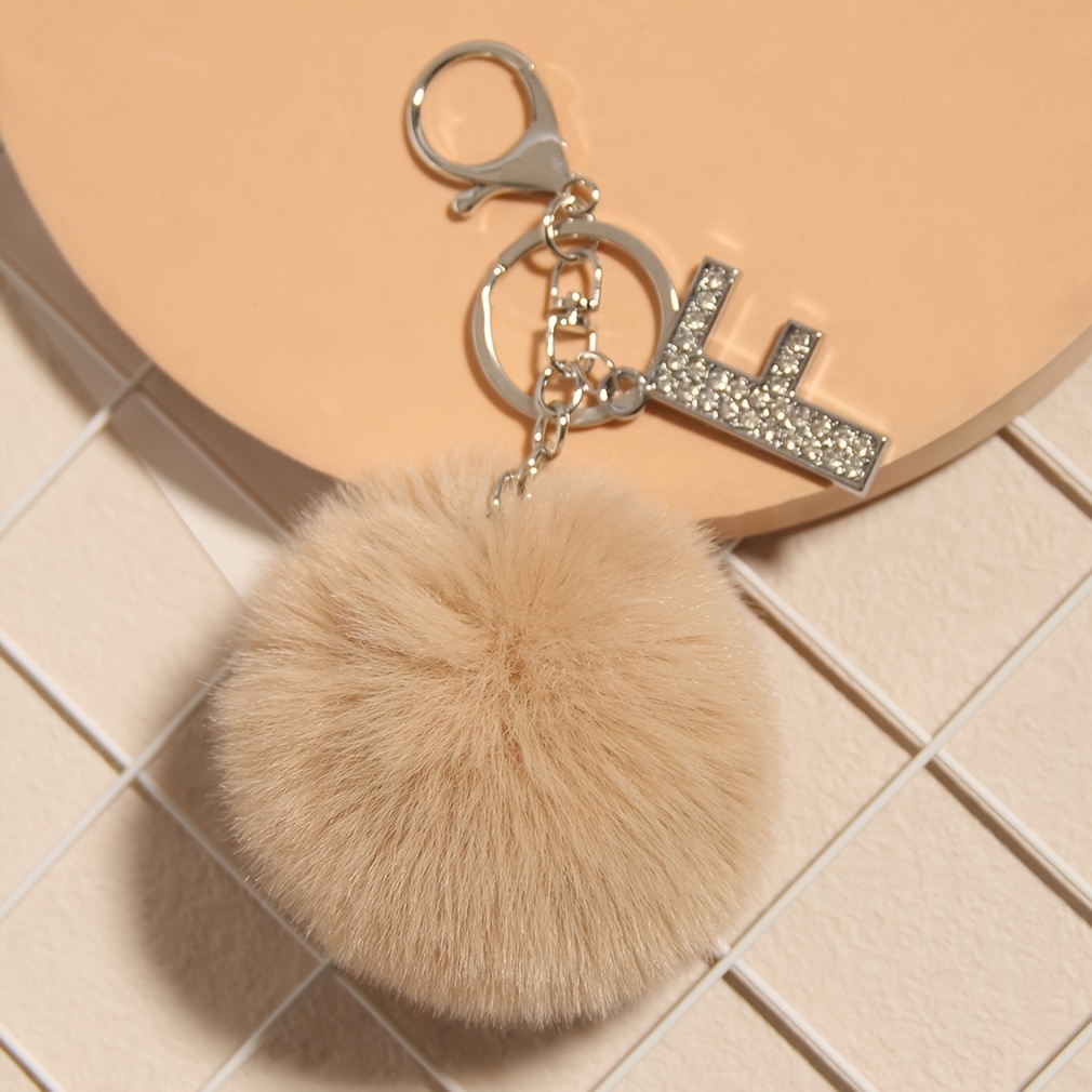 SUSULU Silver Metal Alphabet Keychains Rhinestone Keyring with 3in Fur Pom  Poms Women Girls Shiny Crystal Key Ring Letter