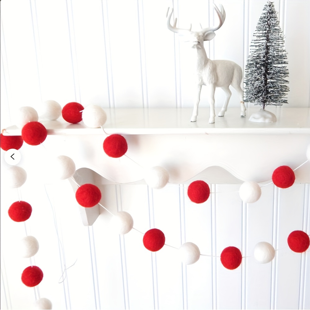 

Christmas Pom Pom Garland - 78.74" Fabric Felt Ball Banner Decoration For Holiday Party And Christmas Tree Decor, Non-electric Red And White Hanging Ornament