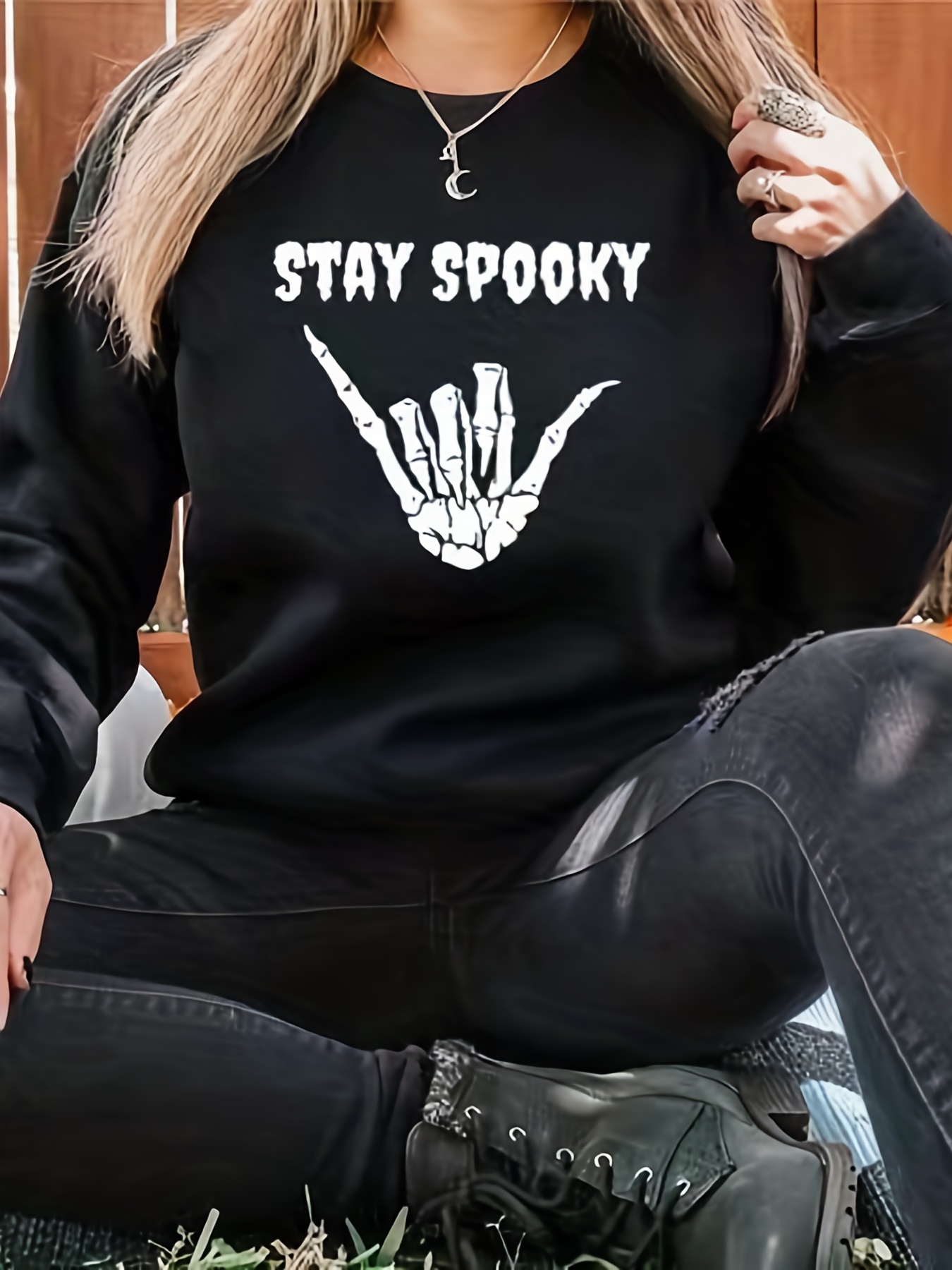 Skeleton Hand Slogan Print Sweatshirt Halloween Long Sleeve Crew Neck Sweatshirt For Fall Winter Women s Clothing
