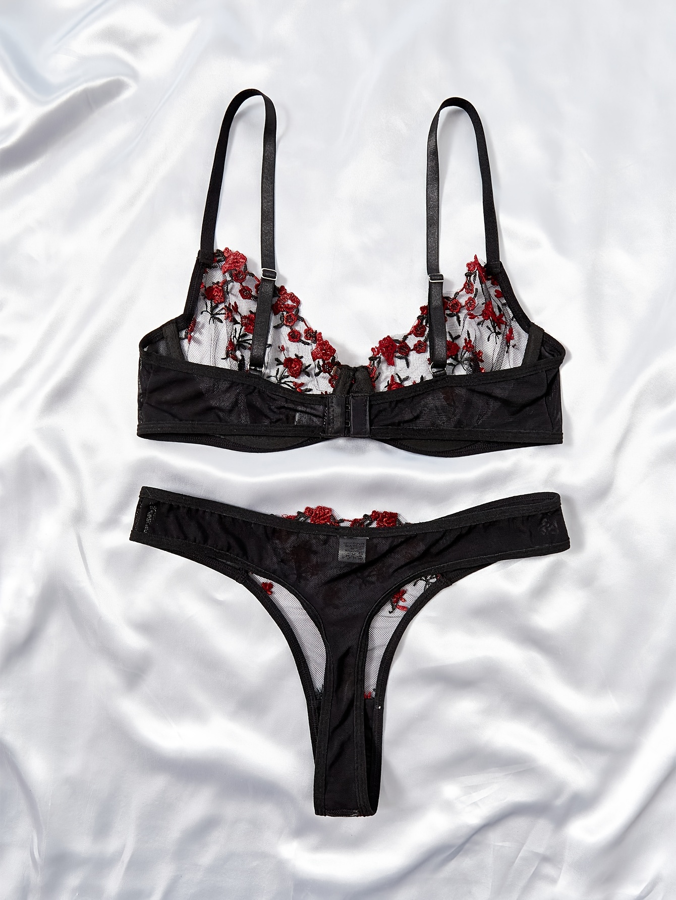 Floral Embroidery Lingerie Set, Mesh Unlined Bra & Sheer Thong, Women's  Sexy Lingerie & Underwear