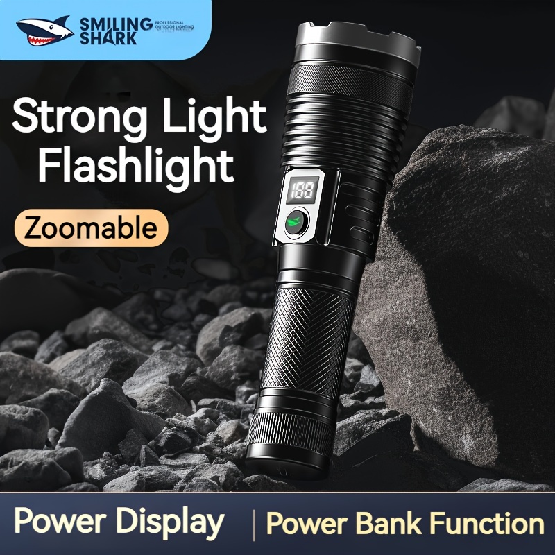 Smiling Shark SD-0521 Strong Light Flashlight, Rechargeable Zoomable Torch  Light, M60 LED Torch For Hiking Camping, With Power Bank And Power Display