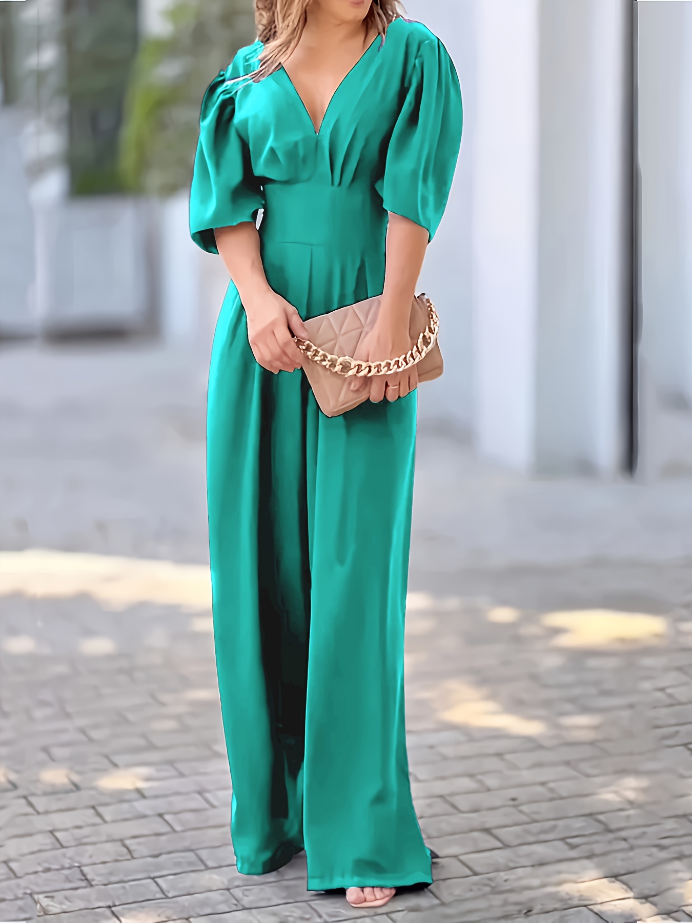 Solid Pleated V-neck Loose Jumpsuit, Elegant Puff Sleeve Jumpsuit For  Spring & Summer, Women's Clothing