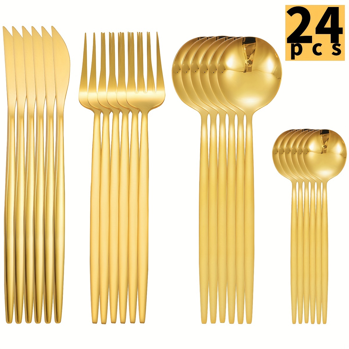 

24pcs Stainless Steel Portuguese Cutlery Set, Include Steak Knife Dinner Fork Dinner Spoon Teaspoon Dessert Spoon, Household Hotel Restaurant Cutlery Set, Kitchen Supplies