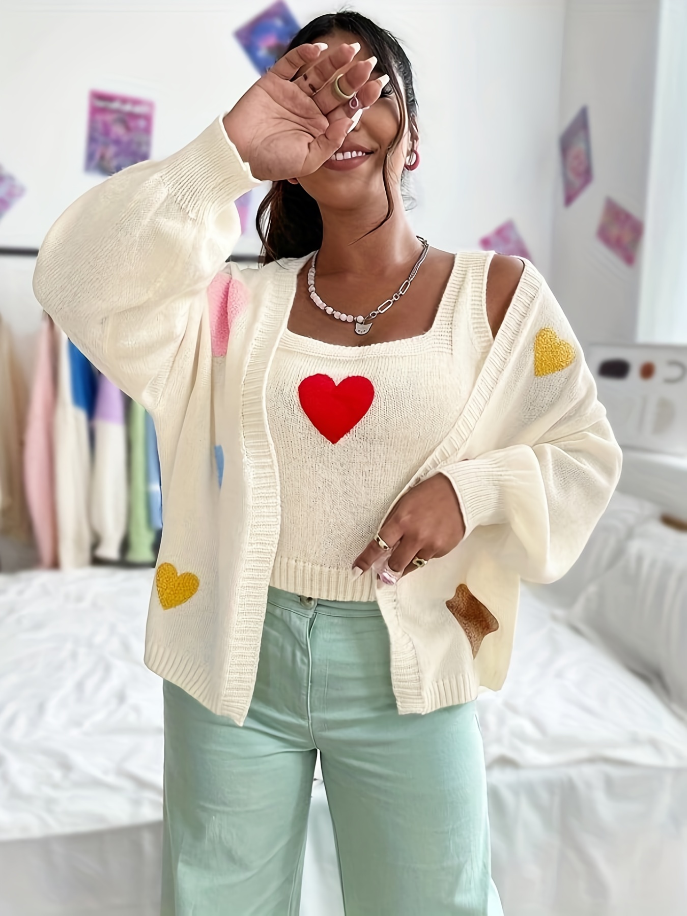 Plus Size Casual Sweater Set Women's Plus Heart Print Crop - Temu