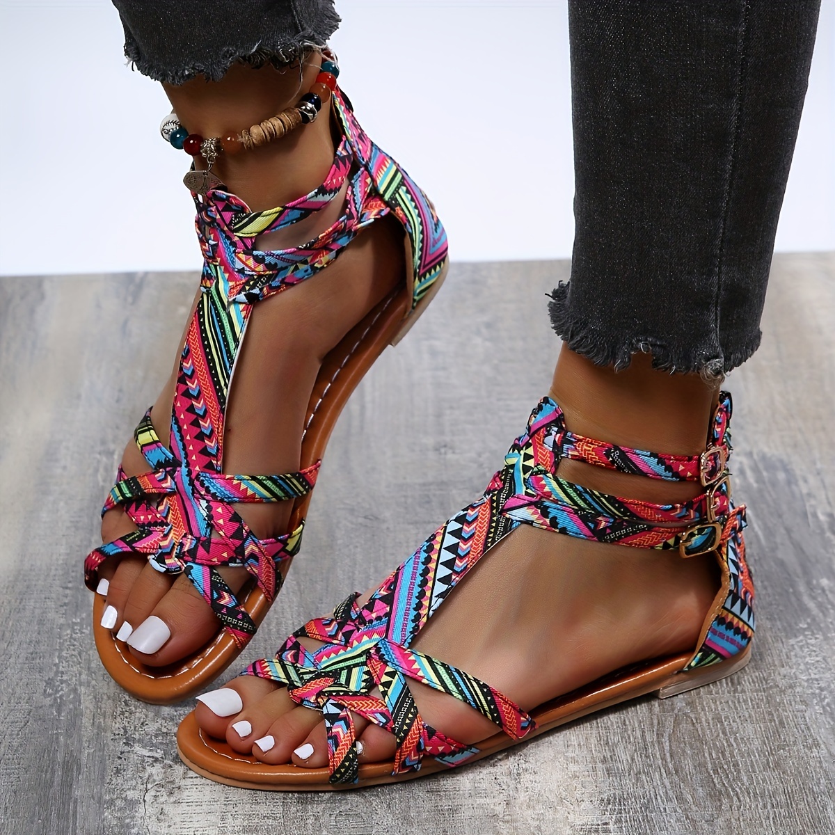 Women's Tribal Style Flat Sandals, Open Toe Buckle Strap Back Zipper Shoes,  Casual Cross Strap Sandals